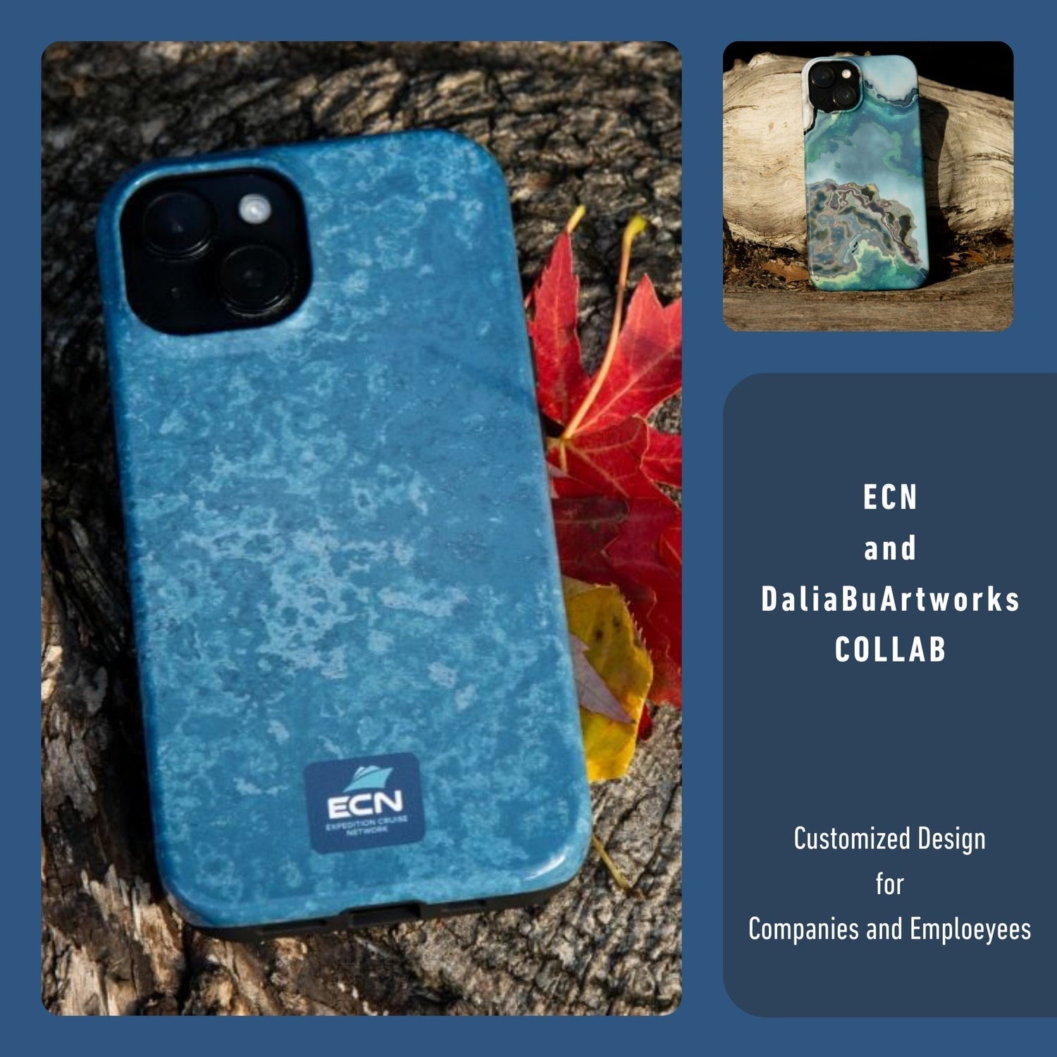 Customized phone case for ECN company with a brand logo on it.