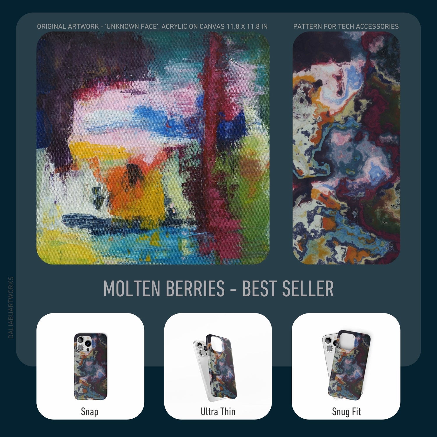 Molten Berries pattern design for phone cases are made from an artwork made on canvas using acrylic painting..
