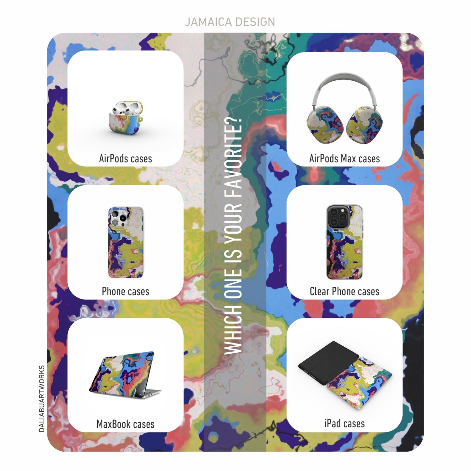 Jamaica pattern design collection for tech accessories like phone, MacBook, iPad and AirPods cases.