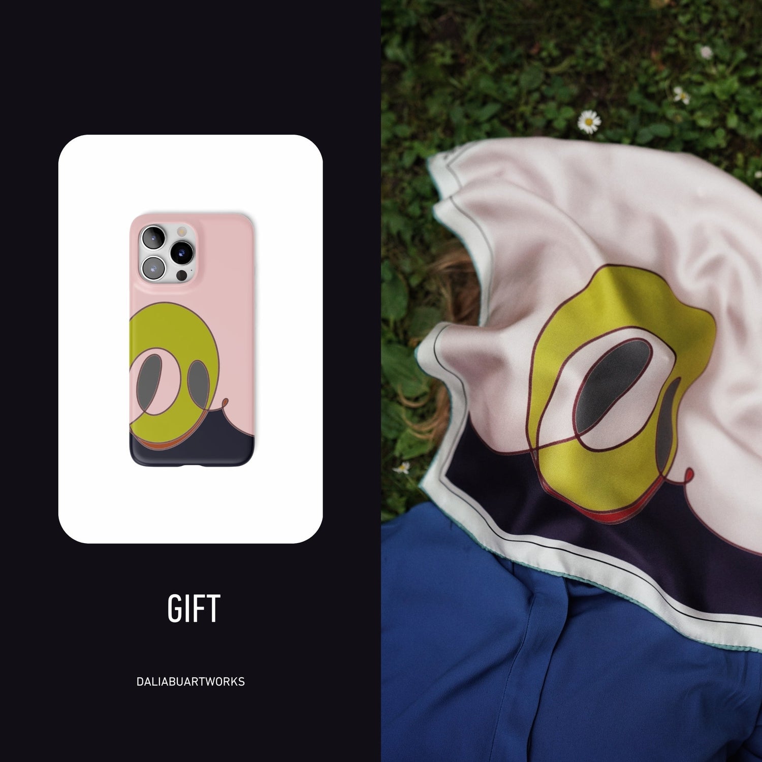 Snap phone case with Smile pattern design and Twill Silk Scarf with the same image.