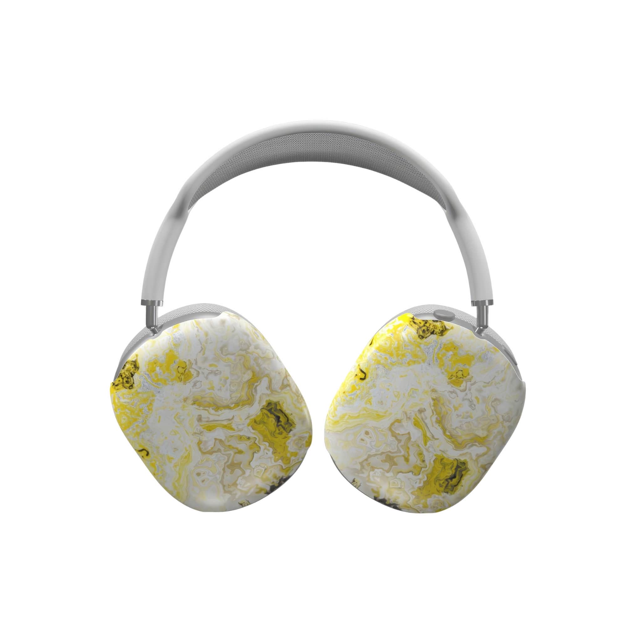 Tough AirPods Max case front view; citron pattern, artistic, abstract marble pattern. White and yellow color combination. Bold expressive aesthetic design. Colorful and interior fit. Elegant.