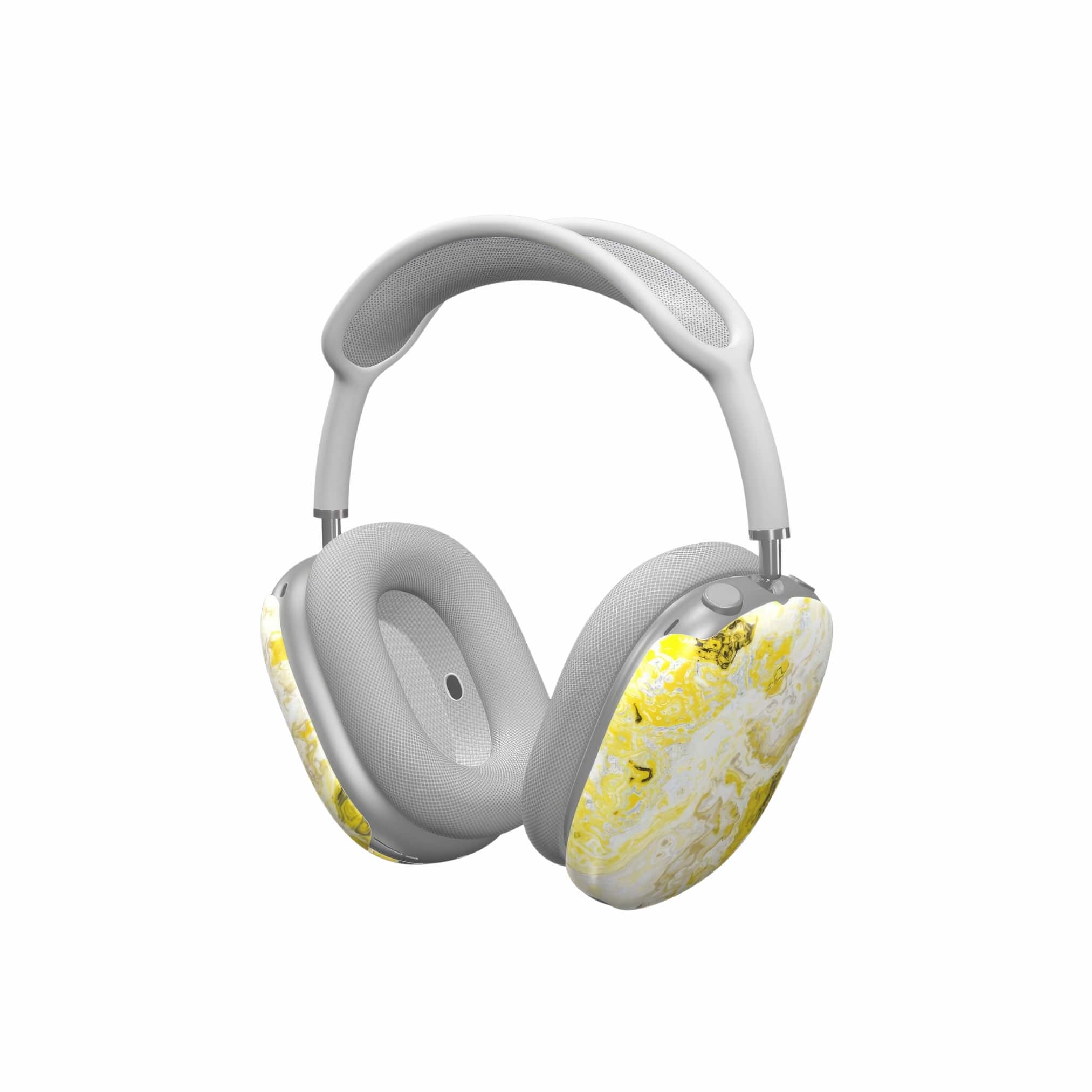 Tough AirPods Max case side view; citron pattern, artistic, abstract marble pattern. White and yellow color combination.
