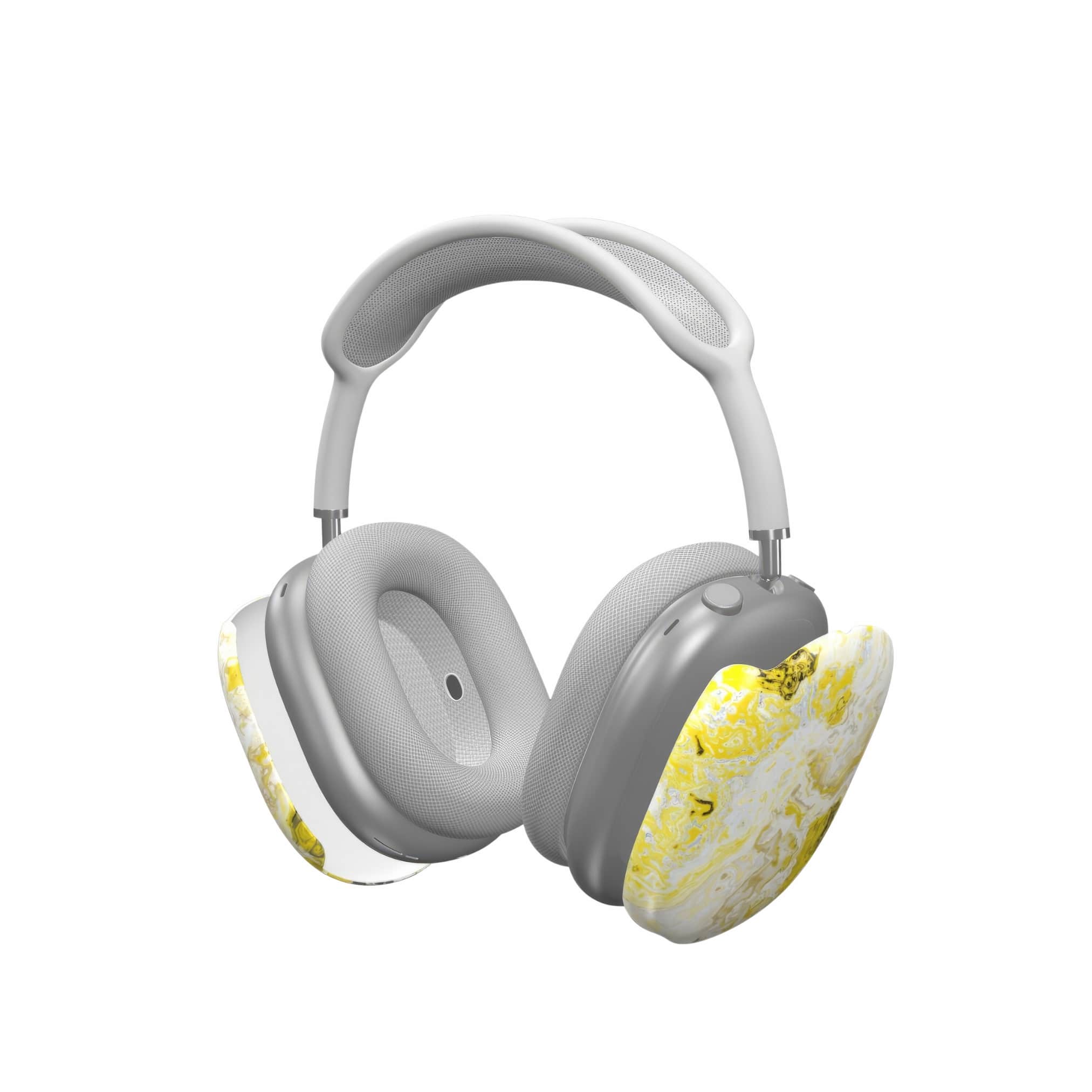 Tough AirPods Max case extend view; citron pattern, artistic, abstract marble pattern. White and yellow color combination.