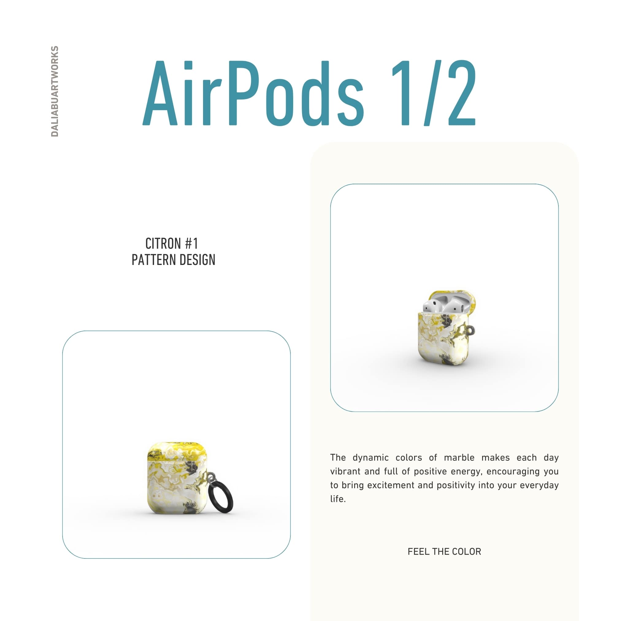 AirPods 1 and 2 tough case front view; Citron 1 pattern, artistic, abstract marble pattern. White and yellow color combination.