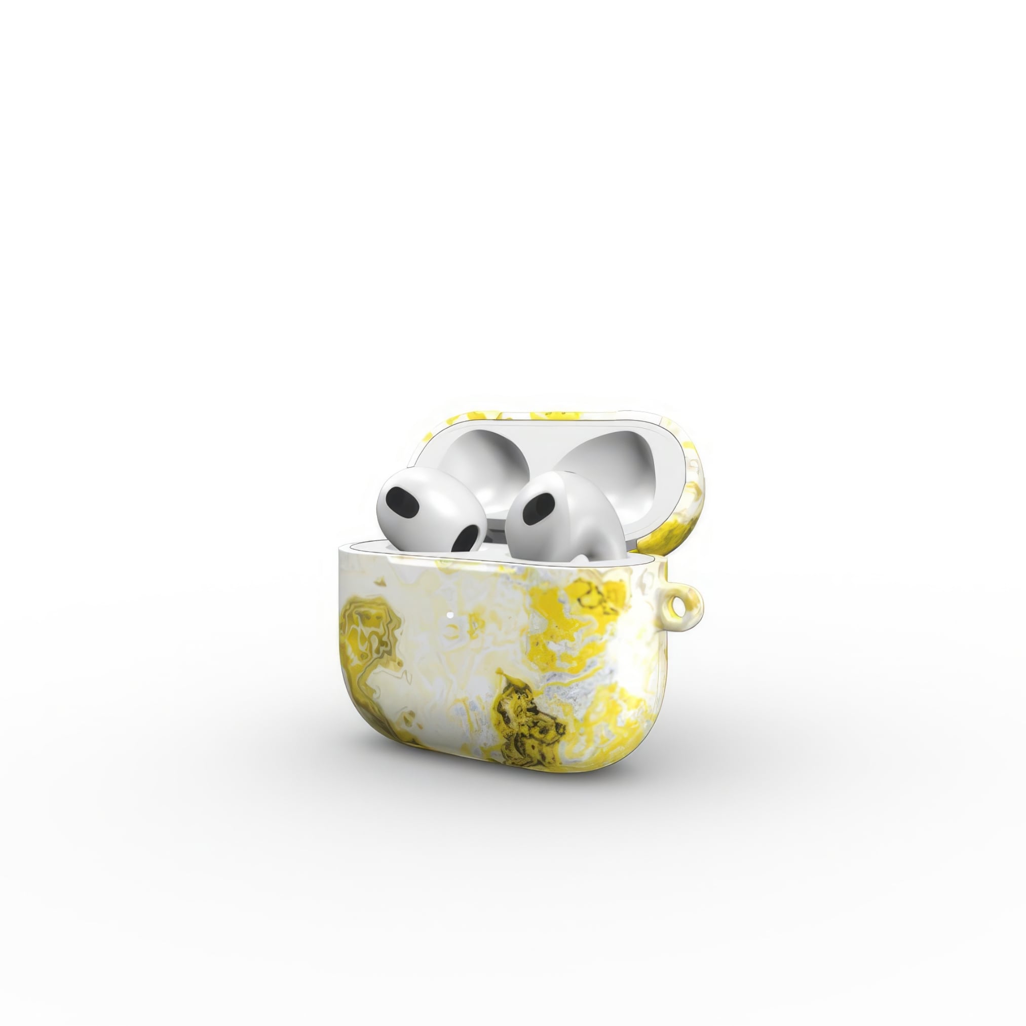 AirPods 3 tough case open side view; Citron 1 pattern, artistic, abstract marble pattern. White and yellow color combination.