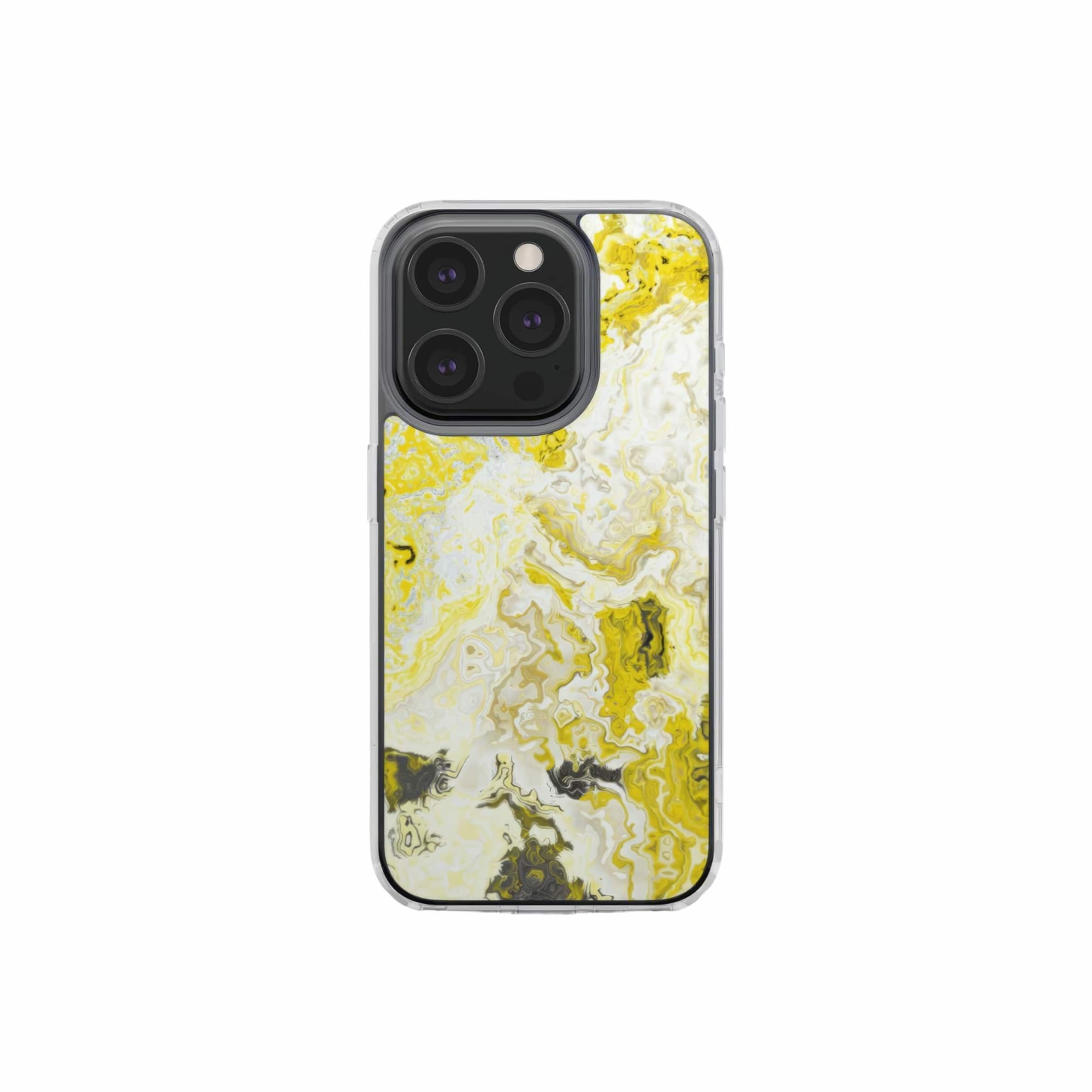 Clear phone case front view; Citron 1 pattern, artistic, abstract marble pattern. Yellow and white color combination. Bold expressive aesthetic design. Colorful and interior fit. Elegant.