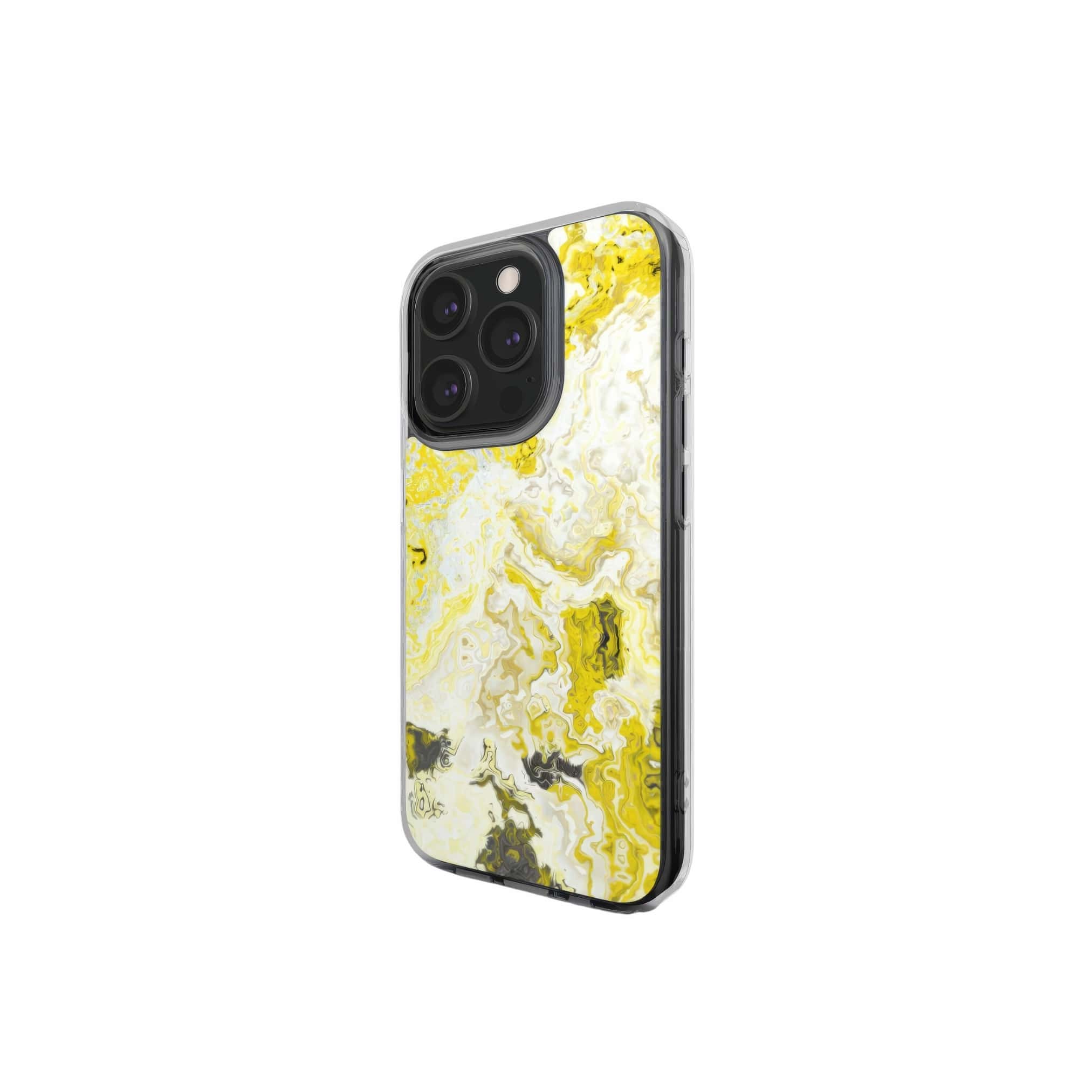 Clear phone case side view; Citron 1 pattern, artistic, abstract marble pattern. Yellow and white color combination.