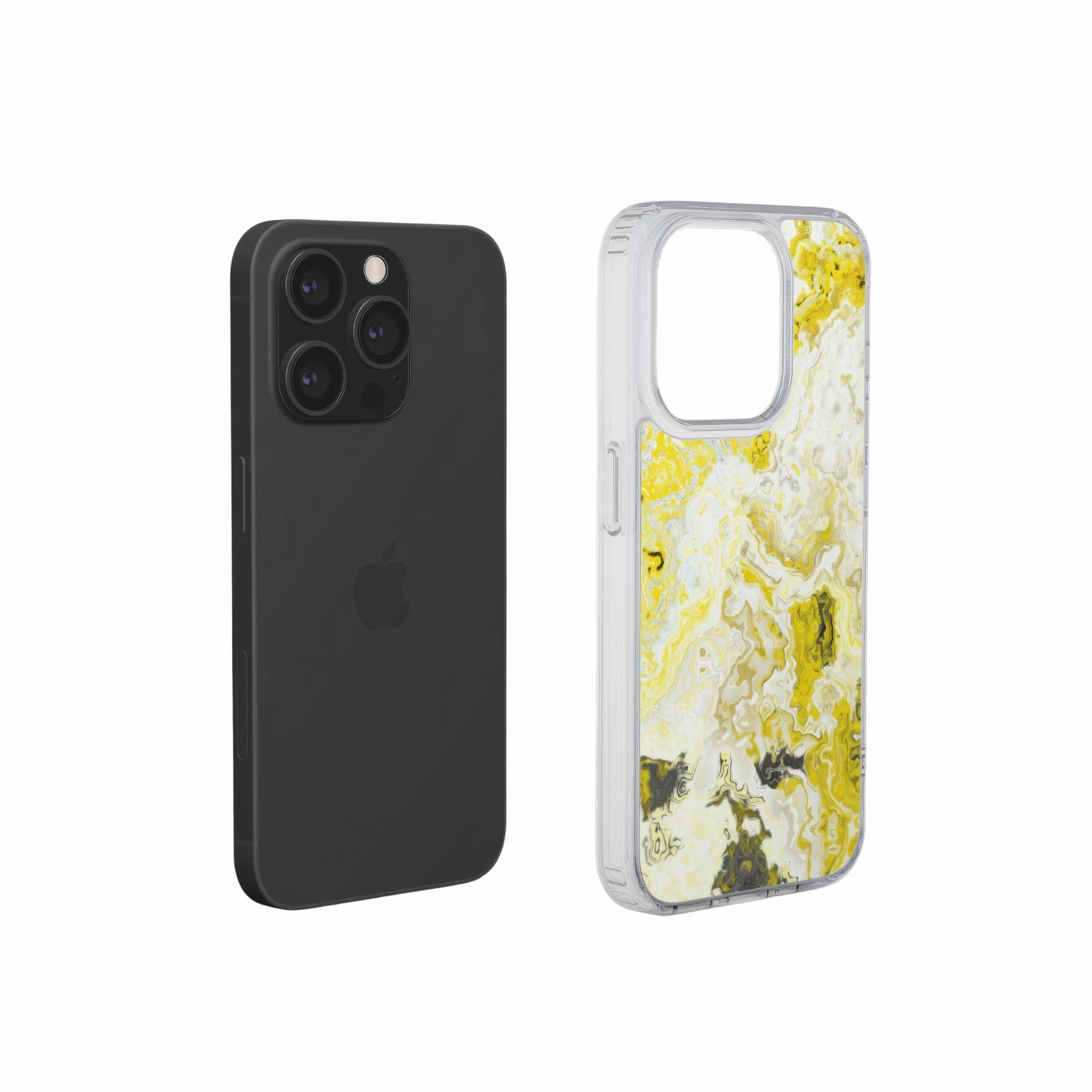 Clear phone case extend view; Citron 1 pattern, artistic, abstract marble pattern. Yellow and white color combination.