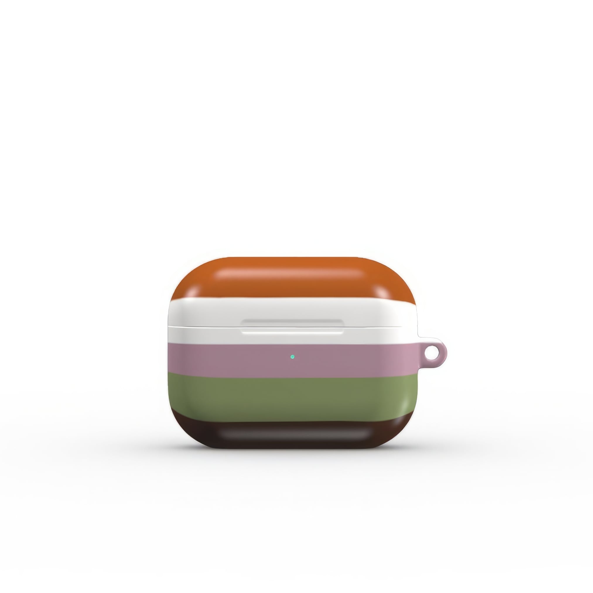 AirPods Pro case Color Blocks 4 pattern design with a color blocks, featuring an elegant and expressive aesthetic design. Main colors are caramel, chocolate brown, rich green. Front closed view.