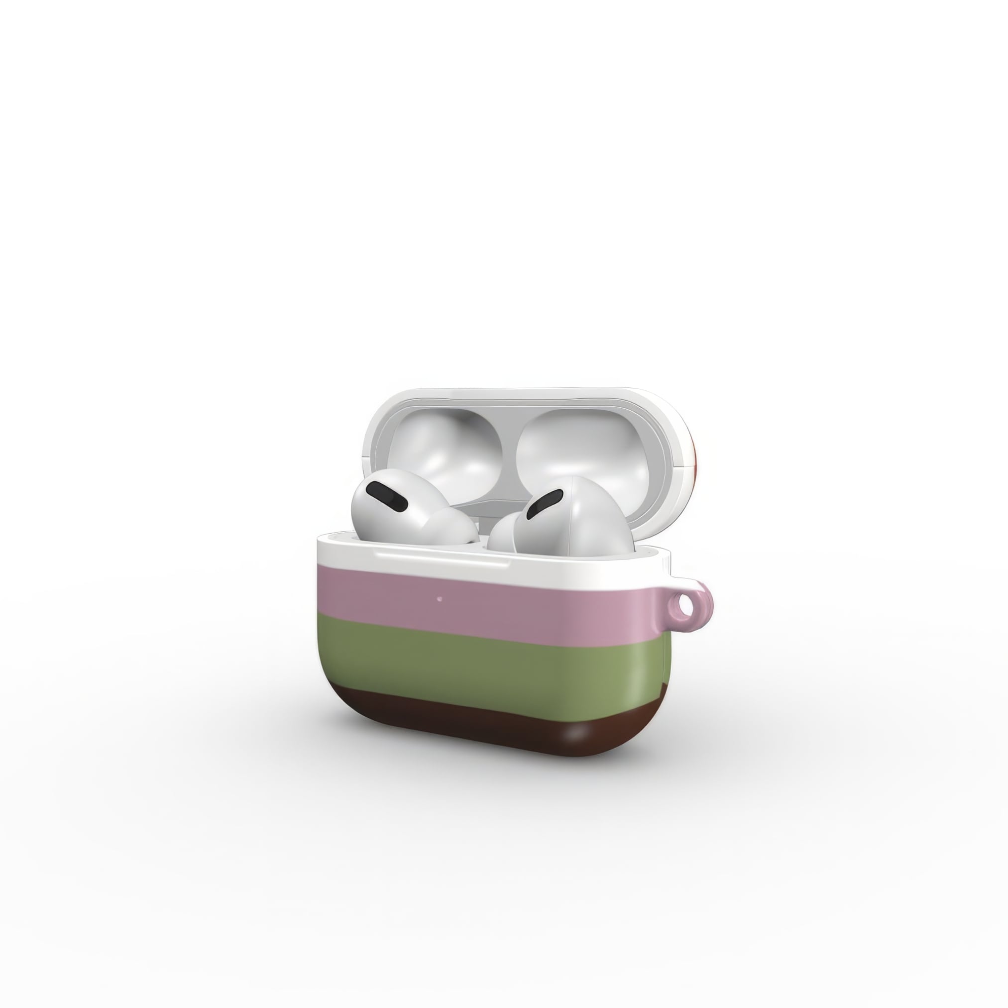 AirPods Pro case Color Blocks 4 pattern design with a color blocks, featuring an elegant and expressive aesthetic design. Main colors are caramel, chocolate brown, rich green. Open side view.