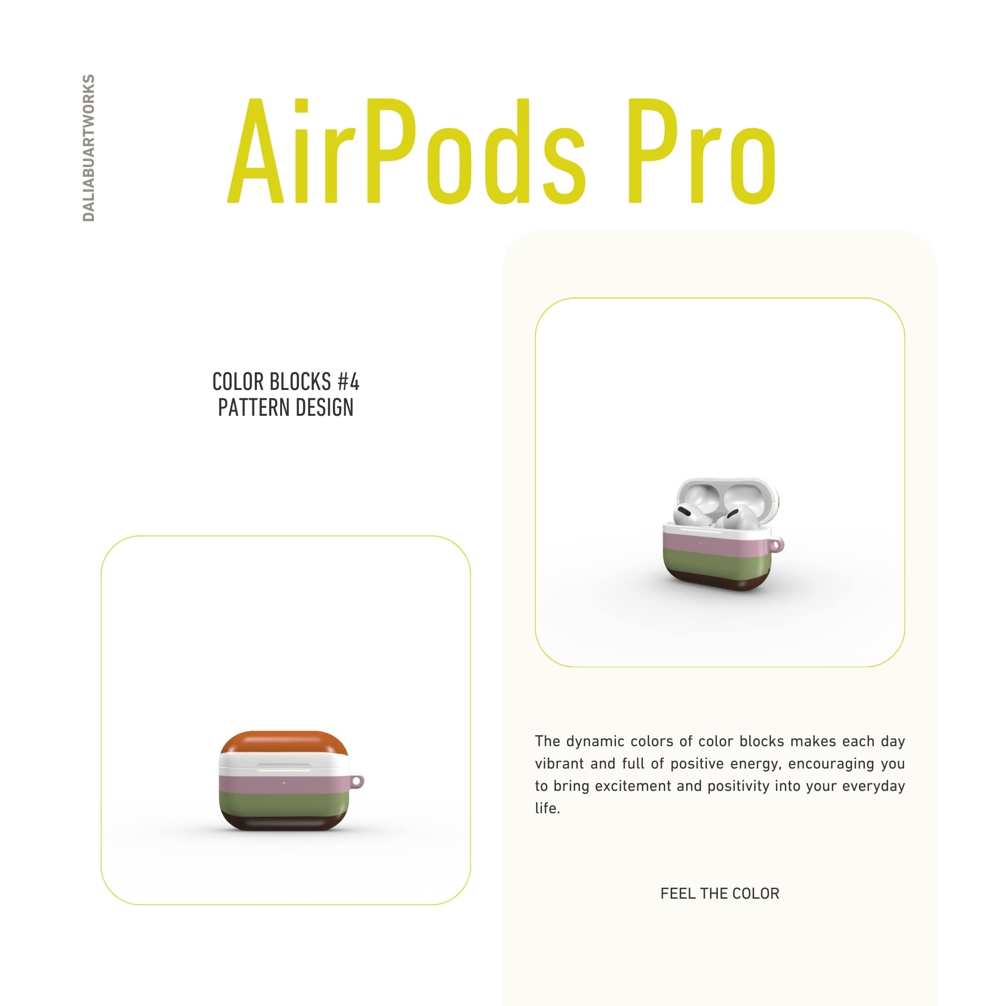 AirPods Pro case Color Blocks 4 pattern design with a color blocks, featuring an elegant and expressive aesthetic design. Main colors are caramel, chocolate brown, rich green. Front view.