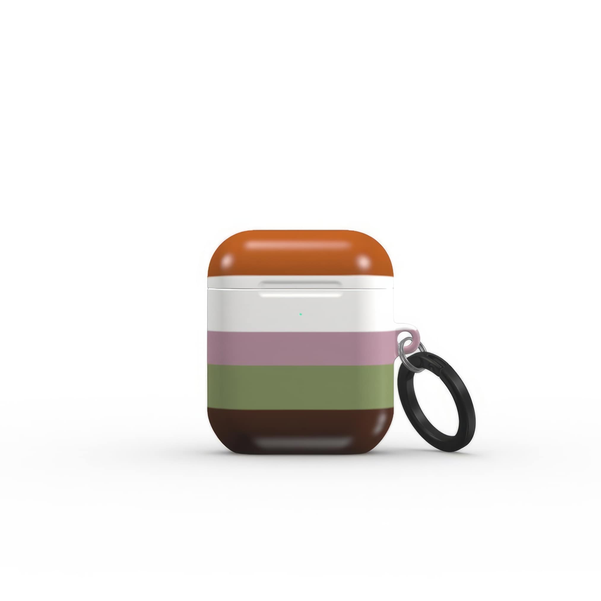 AirPods 1 and 2 case Color Blocks 4 pattern design with a color blocks, featuring an elegant and expressive aesthetic design. Main colors are caramel, chocolate brown, rich green. Front view.