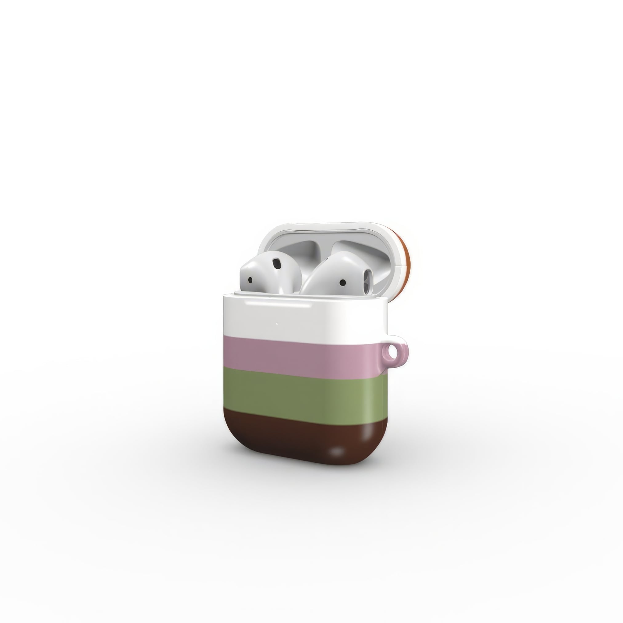 AirPods 1 and 2 case Color Blocks 4 pattern design with a color blocks, featuring an elegant and expressive aesthetic design. Main colors are caramel, chocolate brown, rich green. Side open view.