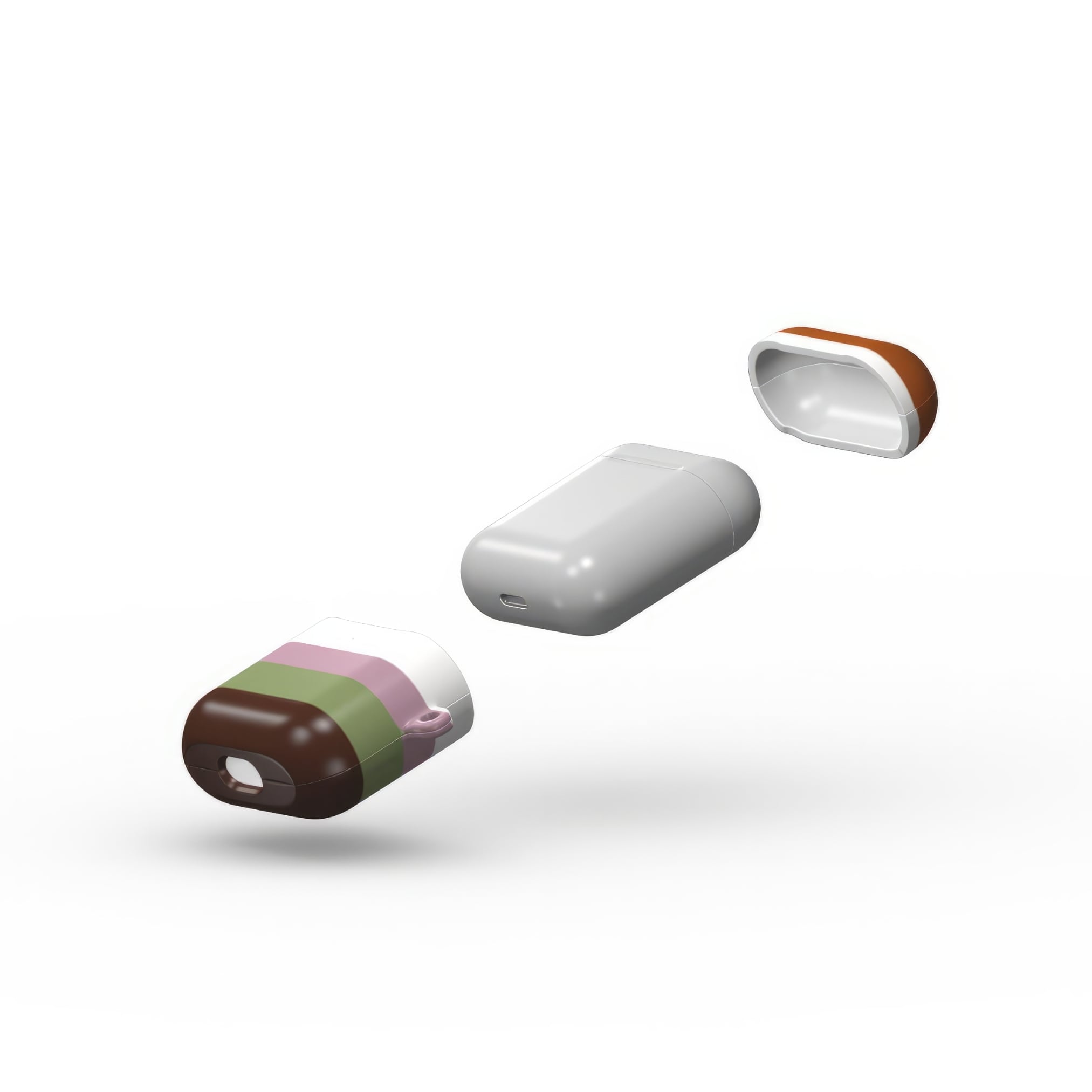 AirPods 1 and 2 case Color Blocks 4 pattern design with a color blocks, featuring an elegant and expressive aesthetic design. Main colors are caramel, chocolate brown, rich green. Extend view.