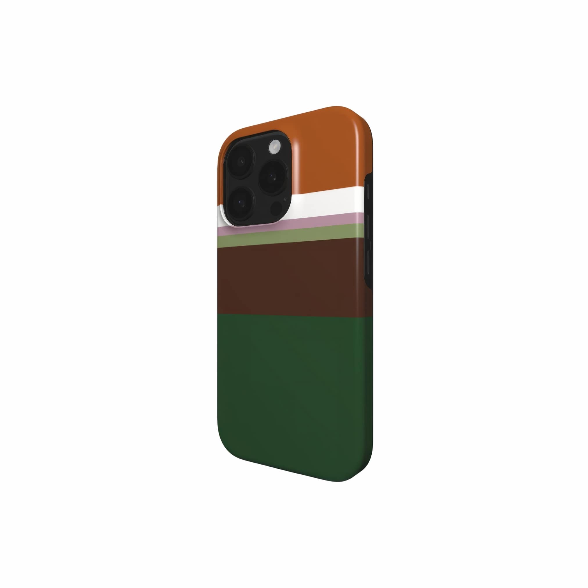 Tough phone case Color Blocks 4 pattern design with a color blocks, featuring an elegant and expressive aesthetic design. Main colors are caramel, chocolate brown, rich green. Side view.