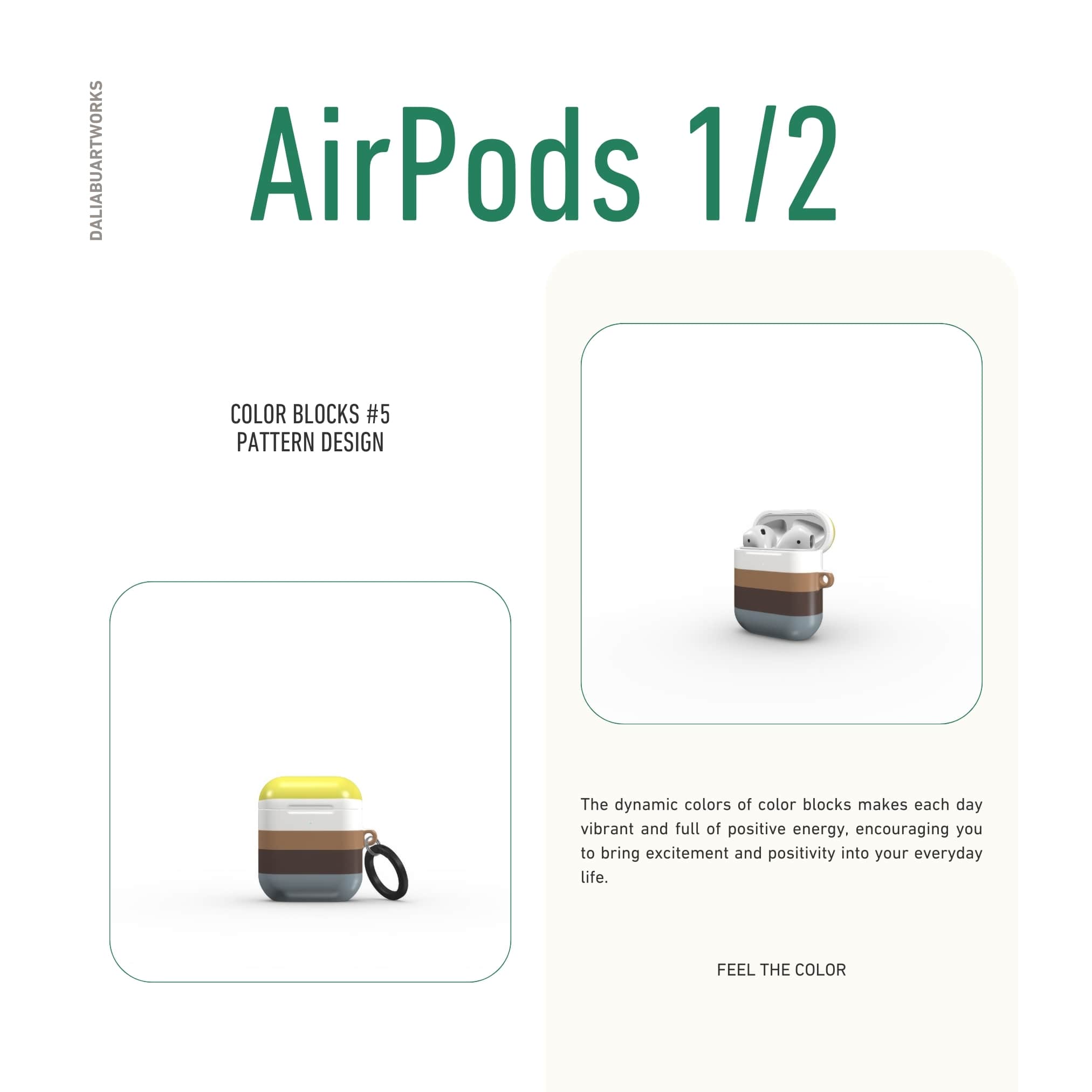 AirPods 1 and 2 case Color Blocks 5 pattern design with a color blocks, featuring an elegant and expressive aesthetic design. Main colors are caramel, chocolate brown, yellow and gray. Front view.