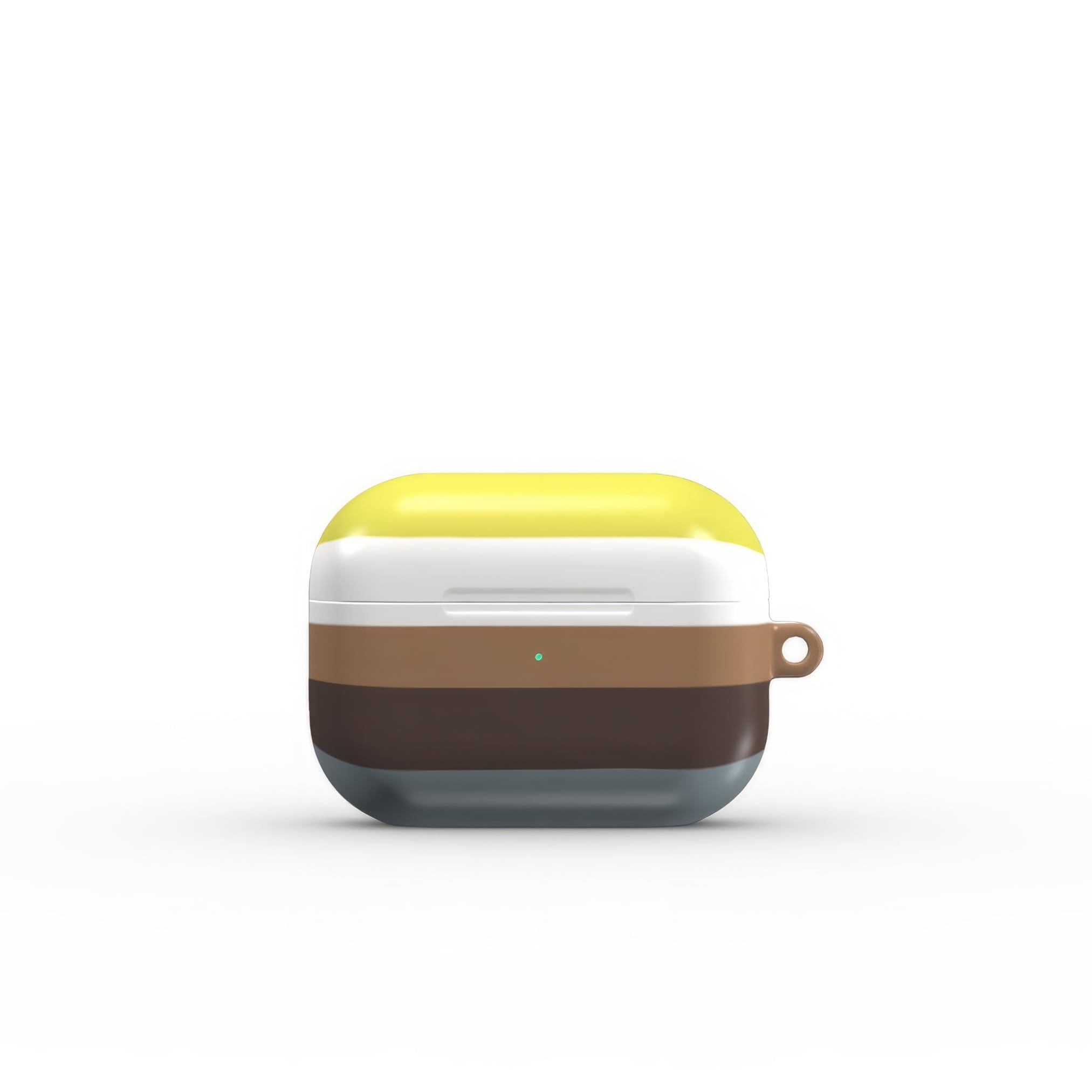 AirPods Pro case Color Blocks 5 pattern design with a color blocks, featuring an elegant and expressive aesthetic design. Main colors are caramel, chocolate brown, yellow and gray. Front closed view.