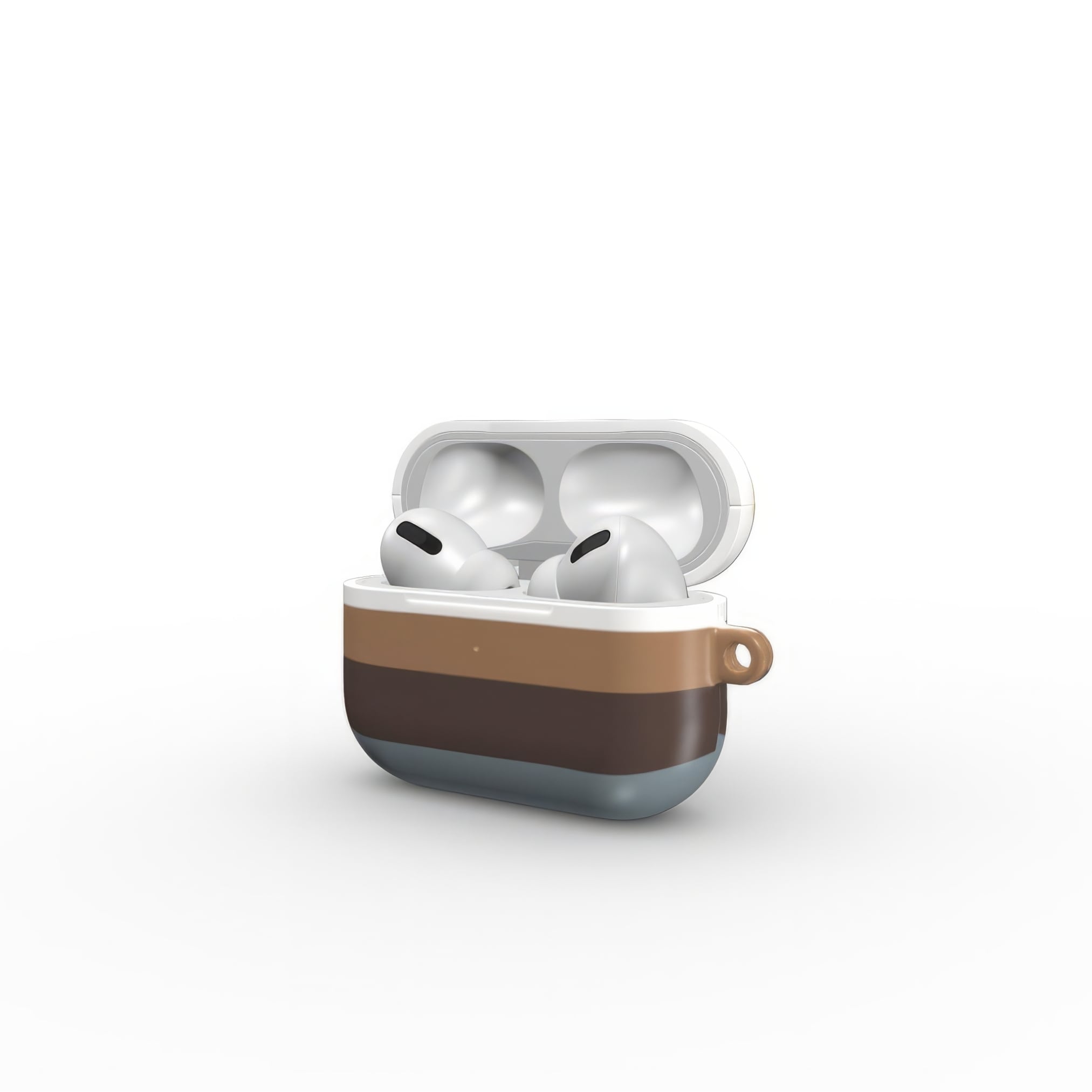 AirPods Pro case Color Blocks 5 pattern design with a color blocks, featuring an elegant and expressive aesthetic design. Main colors are caramel, chocolate brown, yellow and gray. Side open view.