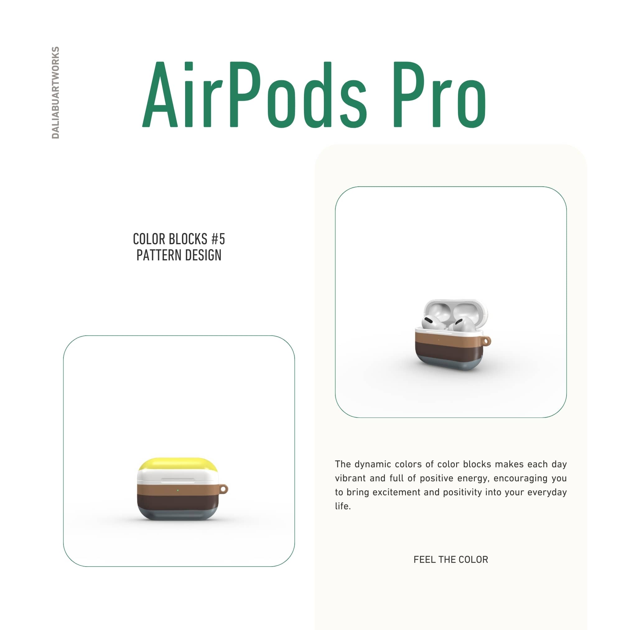 AirPods Pro case Color Blocks 5 pattern design with a color blocks, featuring an elegant and expressive aesthetic design. Main colors are caramel, chocolate brown, yellow and gray. Front view.