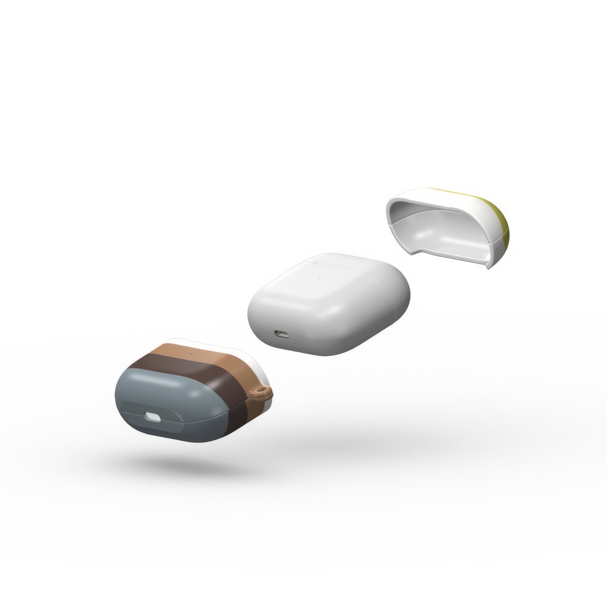 AirPods 3 case Color Blocks 5 pattern design with a color blocks, featuring an elegant and expressive aesthetic design. Main colors are caramel, chocolate brown, yellow and gray. Extend view.