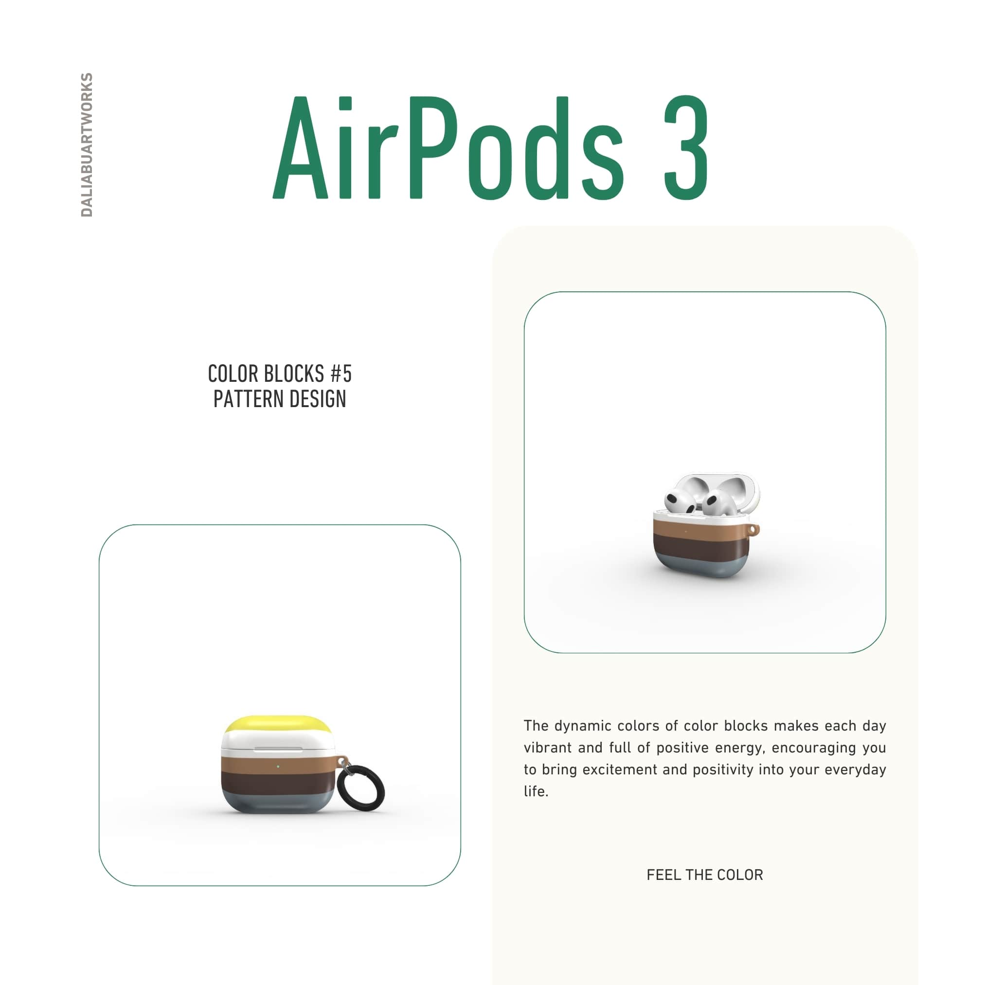 AirPods 3 case Color Blocks 5 pattern design with a color blocks, featuring an elegant and expressive aesthetic design. Main colors are caramel, chocolate brown, yellow and gray. Front view.