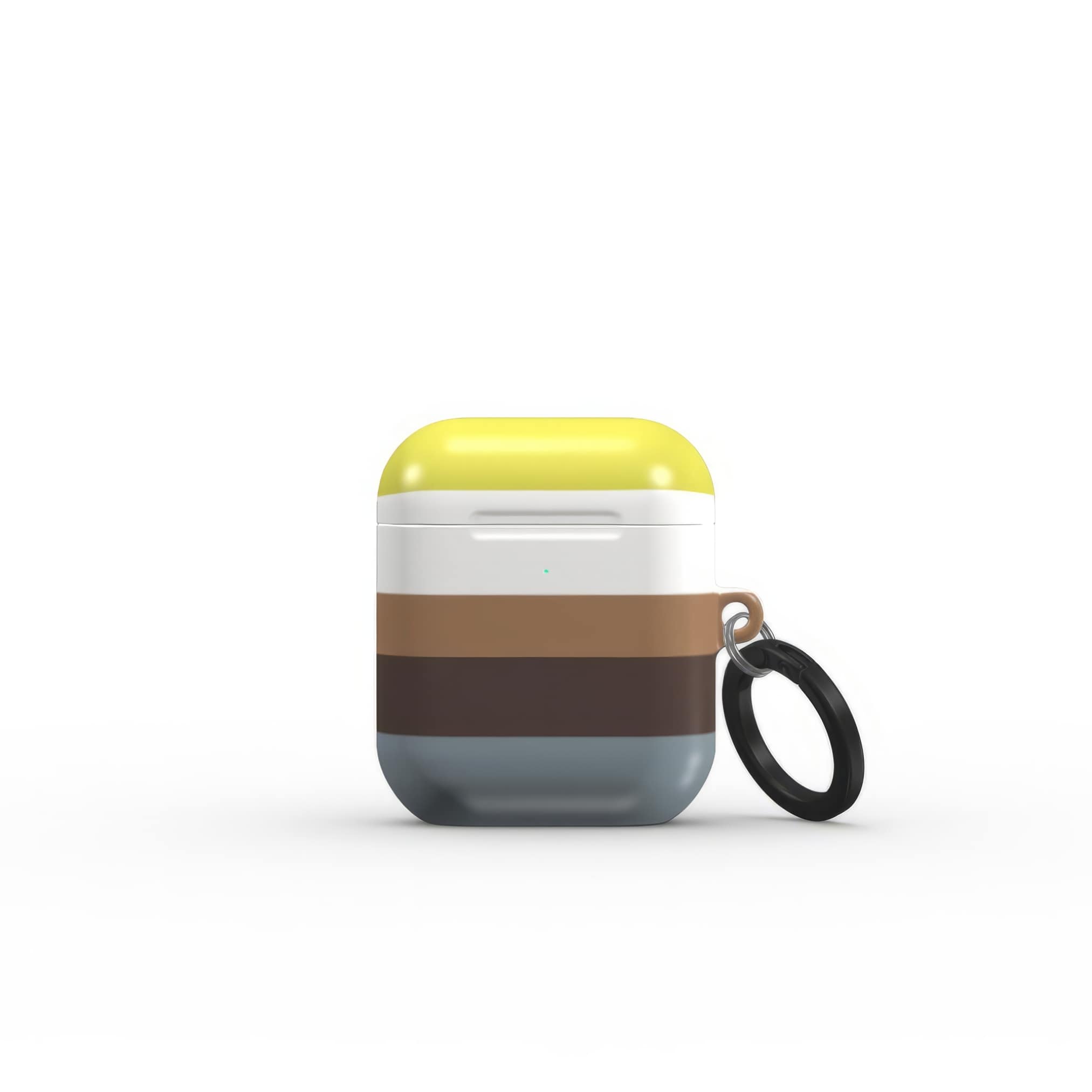 AirPods 1 and 2 case Color Blocks 5 pattern design with a color blocks, featuring an elegant and expressive aesthetic design. Main colors are caramel, chocolate brown, yellow and gray. Front view.