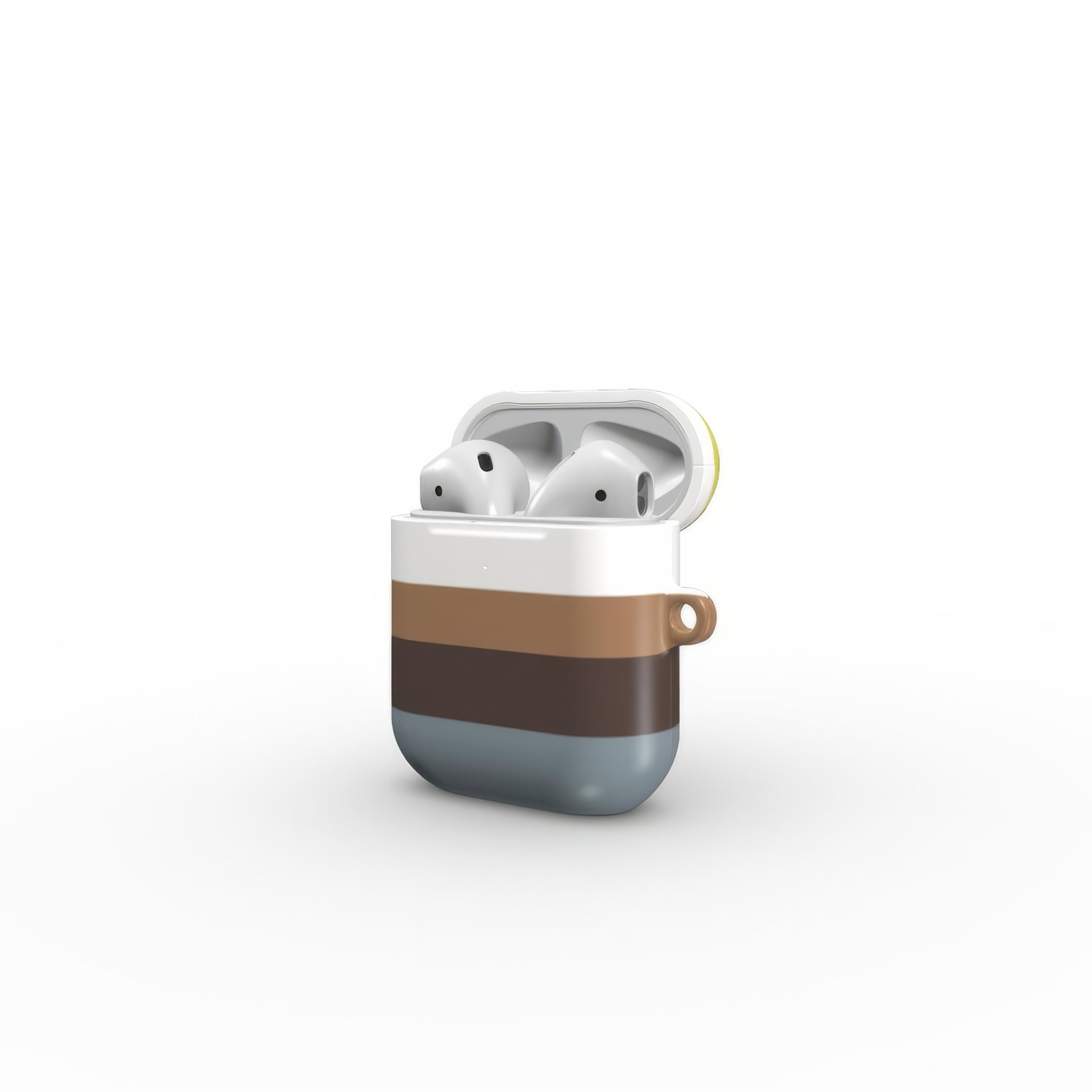 AirPods 1 and 2 case Color Blocks 5 pattern design with a color blocks, featuring an elegant and expressive aesthetic design. Main colors are caramel, chocolate brown, yellow and gray. Side view.
