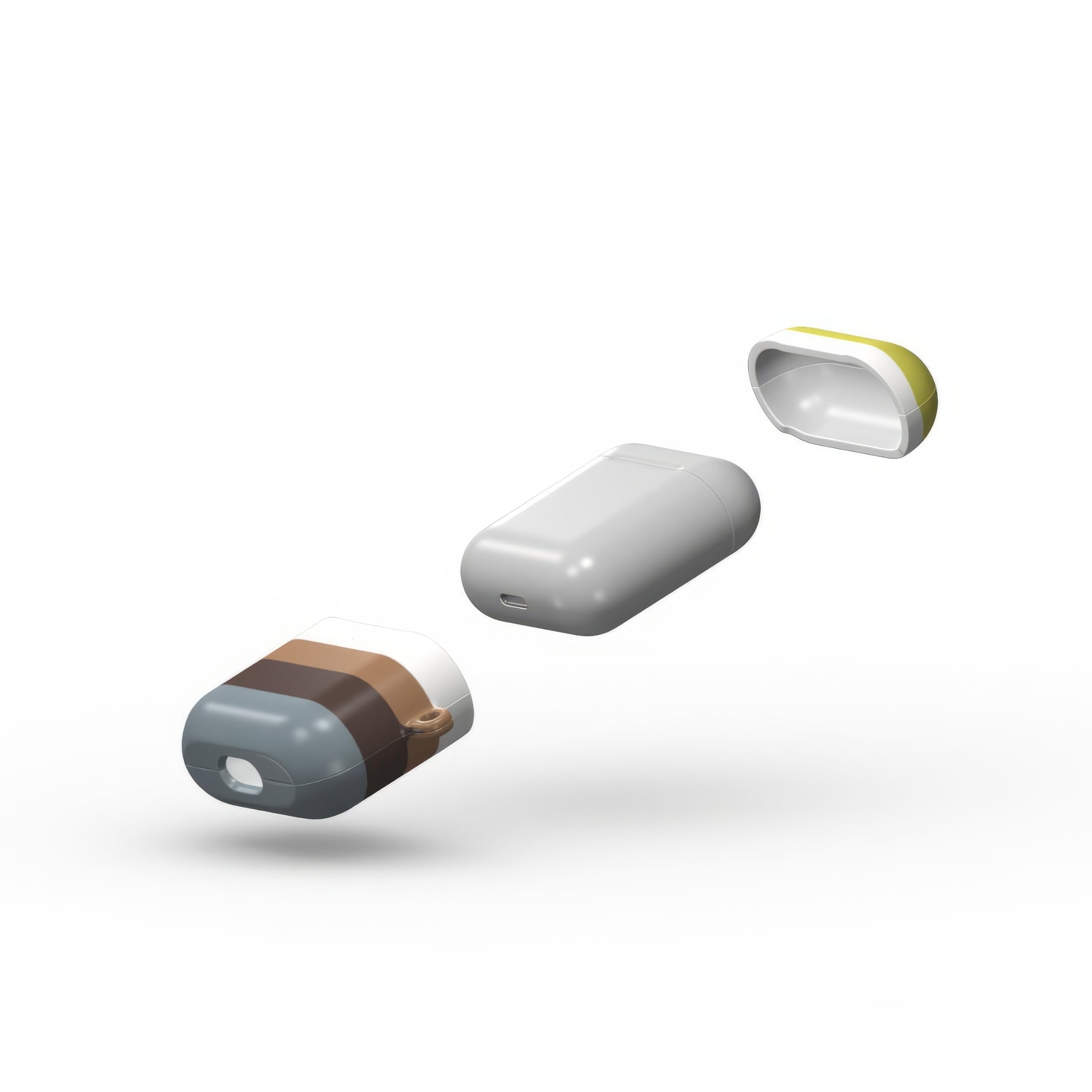 AirPods 1 and 2 case Color Blocks 5 pattern design with a color blocks, featuring an elegant and expressive aesthetic design. Main colors are caramel, chocolate brown, yellow and gray. Extend view.