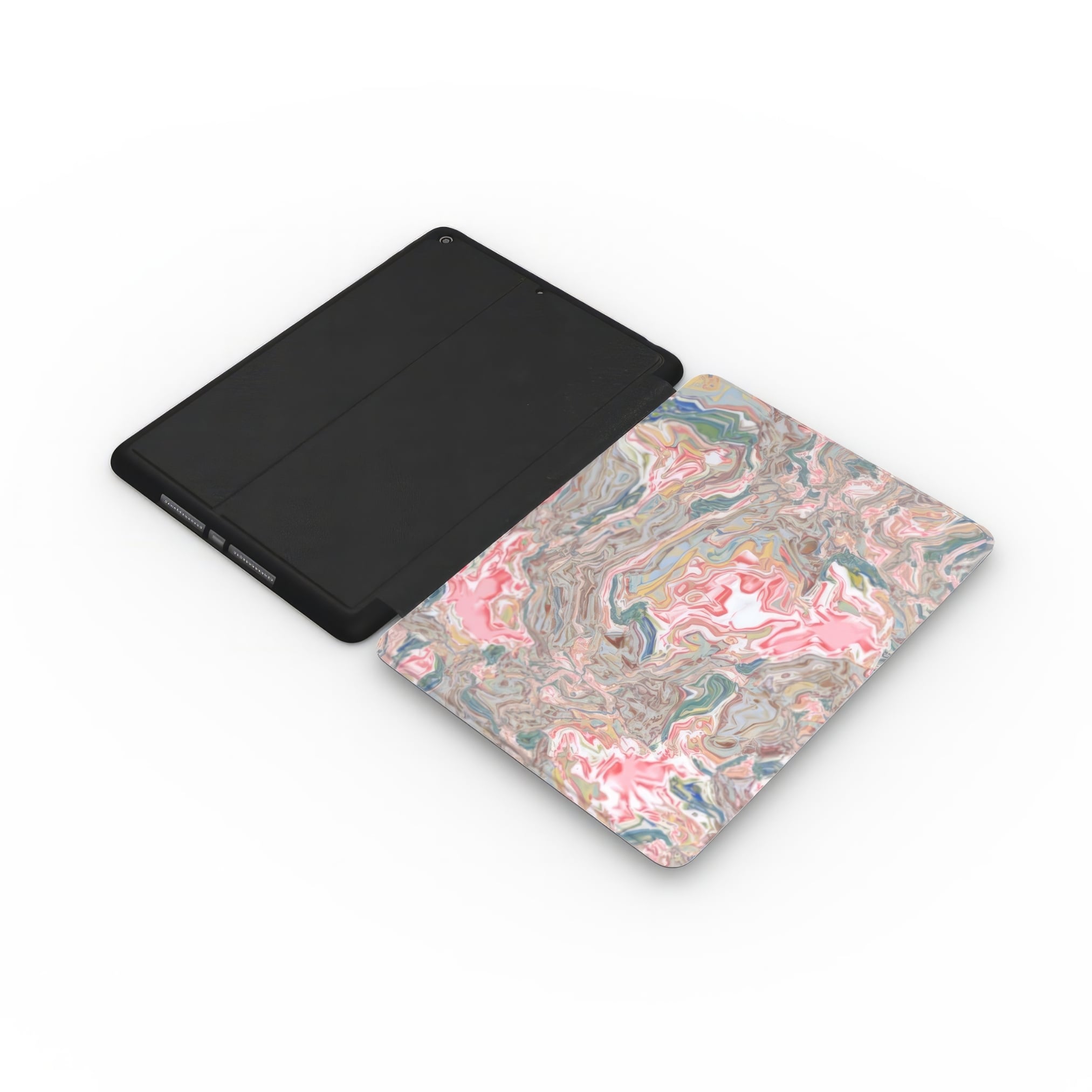iPad case extend side view; Feel Impress 1 pattern, artistic, abstract marble pattern. Pastel blue, green and red color combination. Inspired by impressionist art.