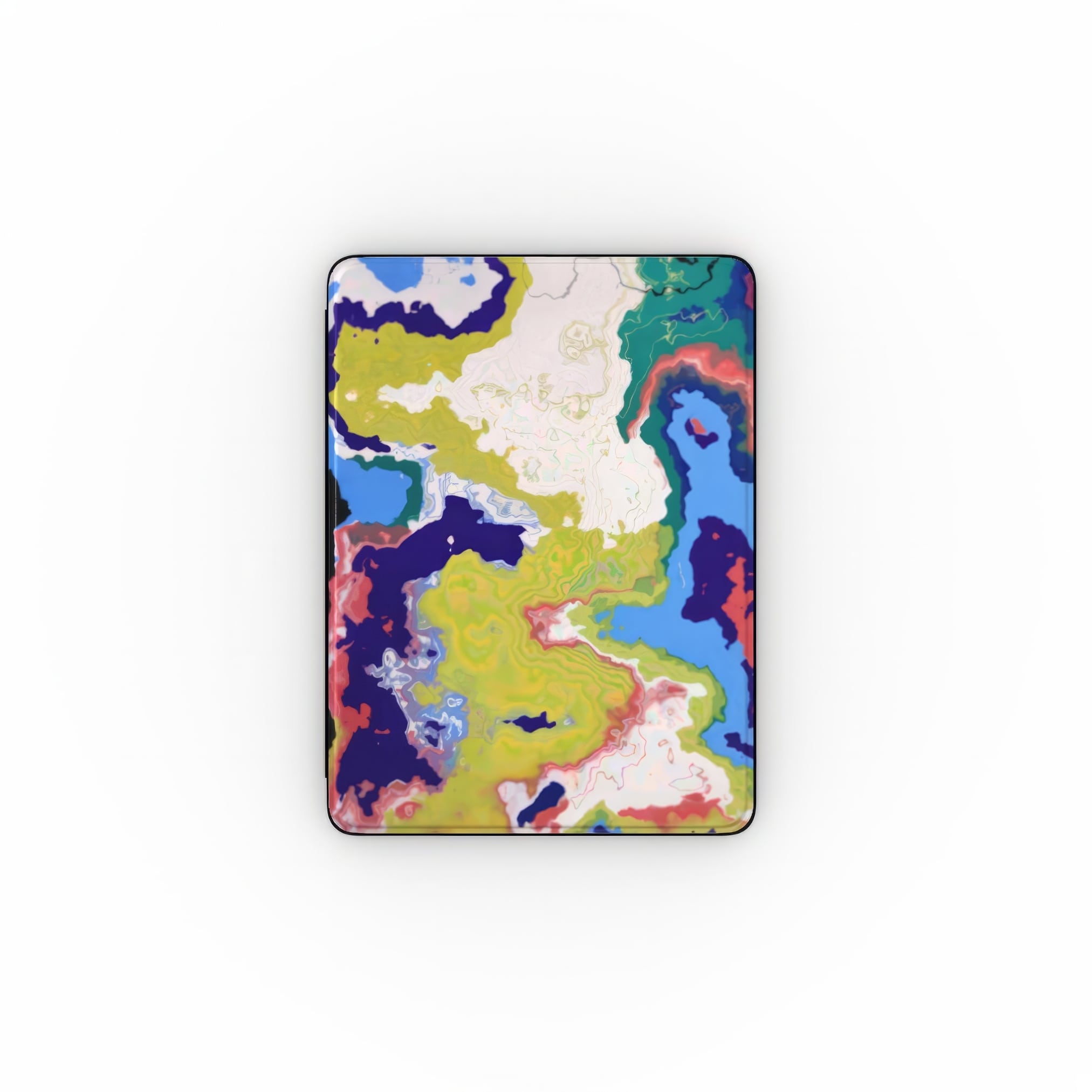 iPad case front view; Jamaica 1 pattern, artistic, abstract marble pattern. Dark blue, yellow and white color combination. Bold expressive aesthetic design.