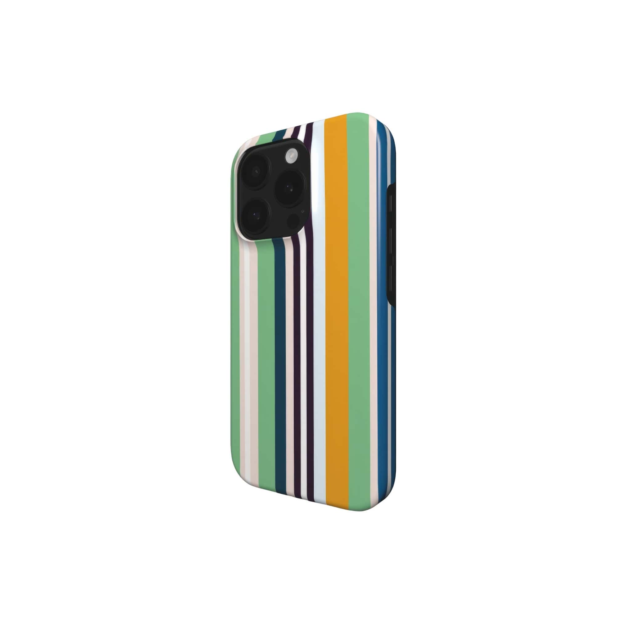 Tough phone case Parallel Flow 1 pattern with a tiny color stripes, featuring an elegant and expressive aesthetic design. Main colors are minty sage, powder pink, navy blue, orange. Side view.