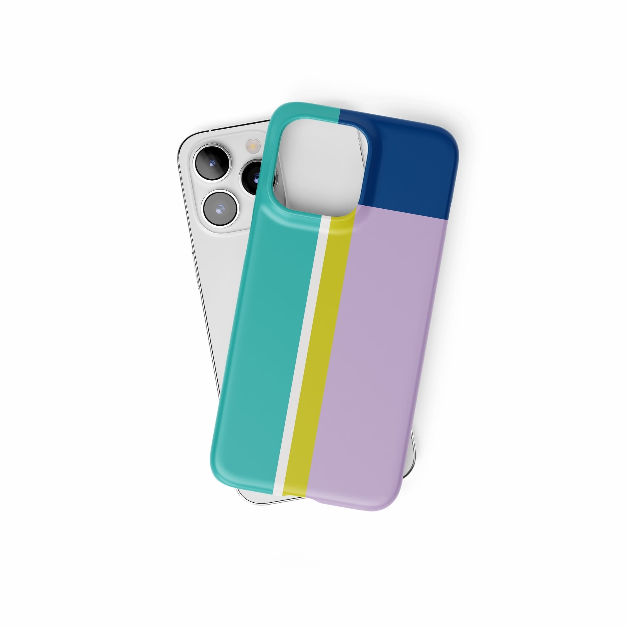 Ultra thin snap phone case Retro Stripes 3 pattern design with a bold color blocks in vintage, mid century modern style, featuring an elegant and expressive aesthetic design. Main colors are navy blue, teal green, lilac and yellow. Front view.