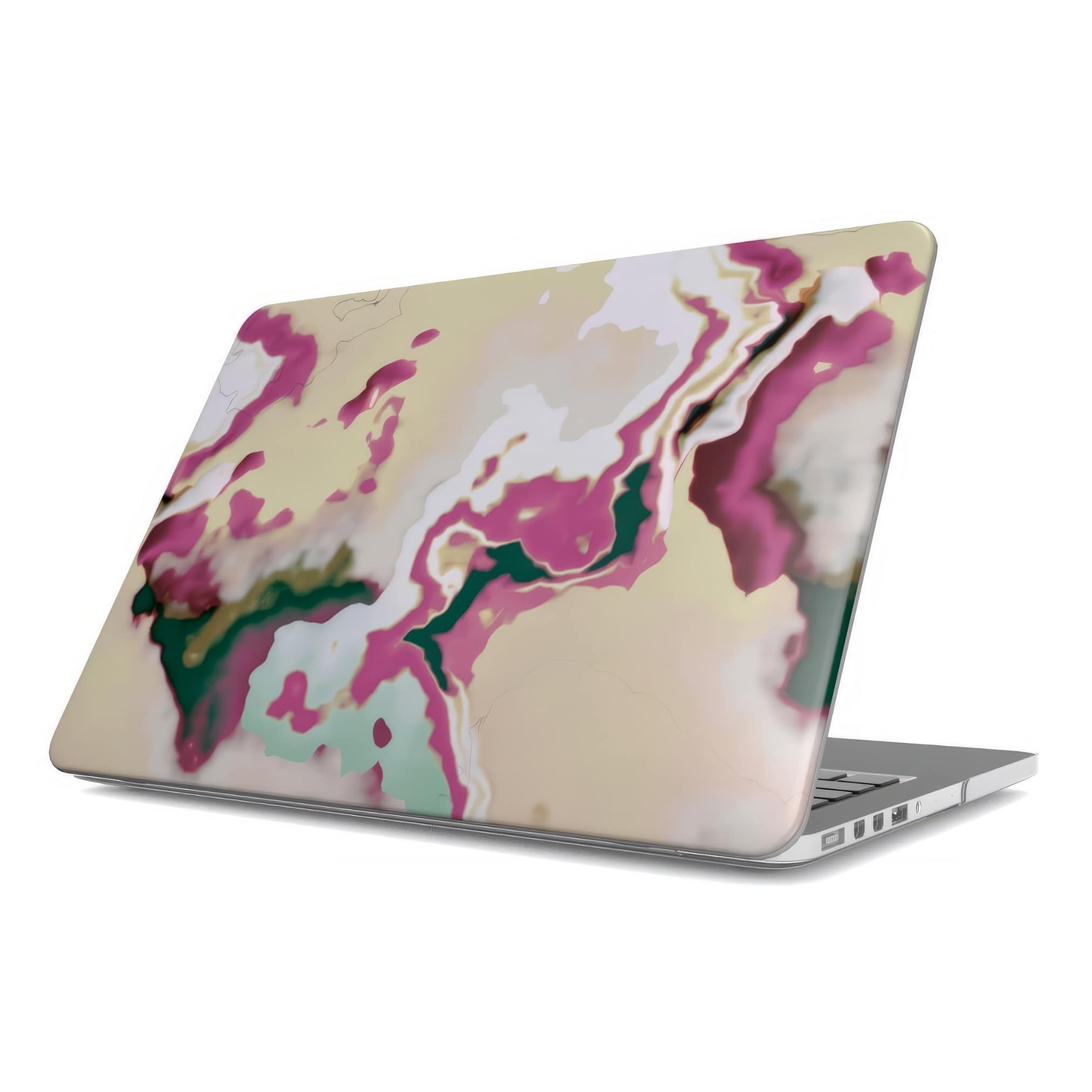 MacBook case side view; Sandscape dream 1 pattern, artistic, abstract marble pattern. Beige and purple color combination. Bold expressive aesthetic design. Colorful and interior fit.