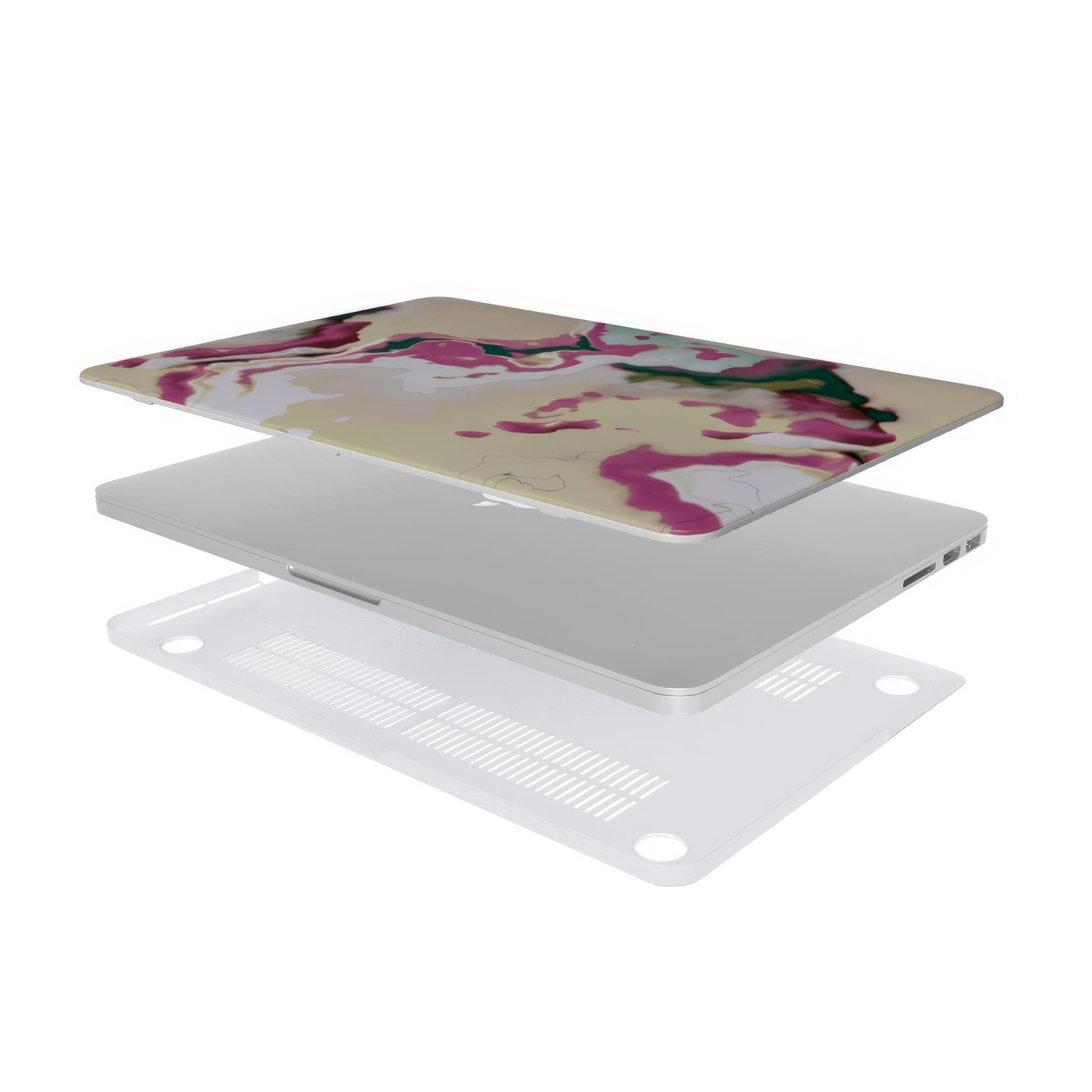 MacBook case extend view; Sandscape dream 1 pattern, artistic, abstract marble pattern. Beige and purple color combination.
