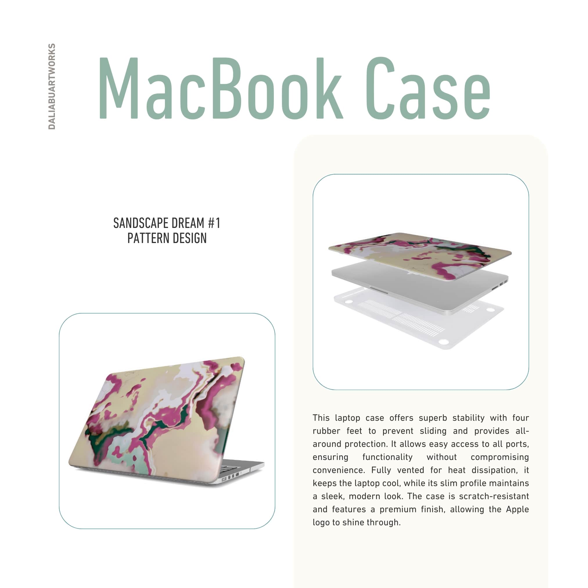 MacBook case side view; Sandscape dream 1 pattern, artistic, abstract marble pattern. Beige and purple color combination.