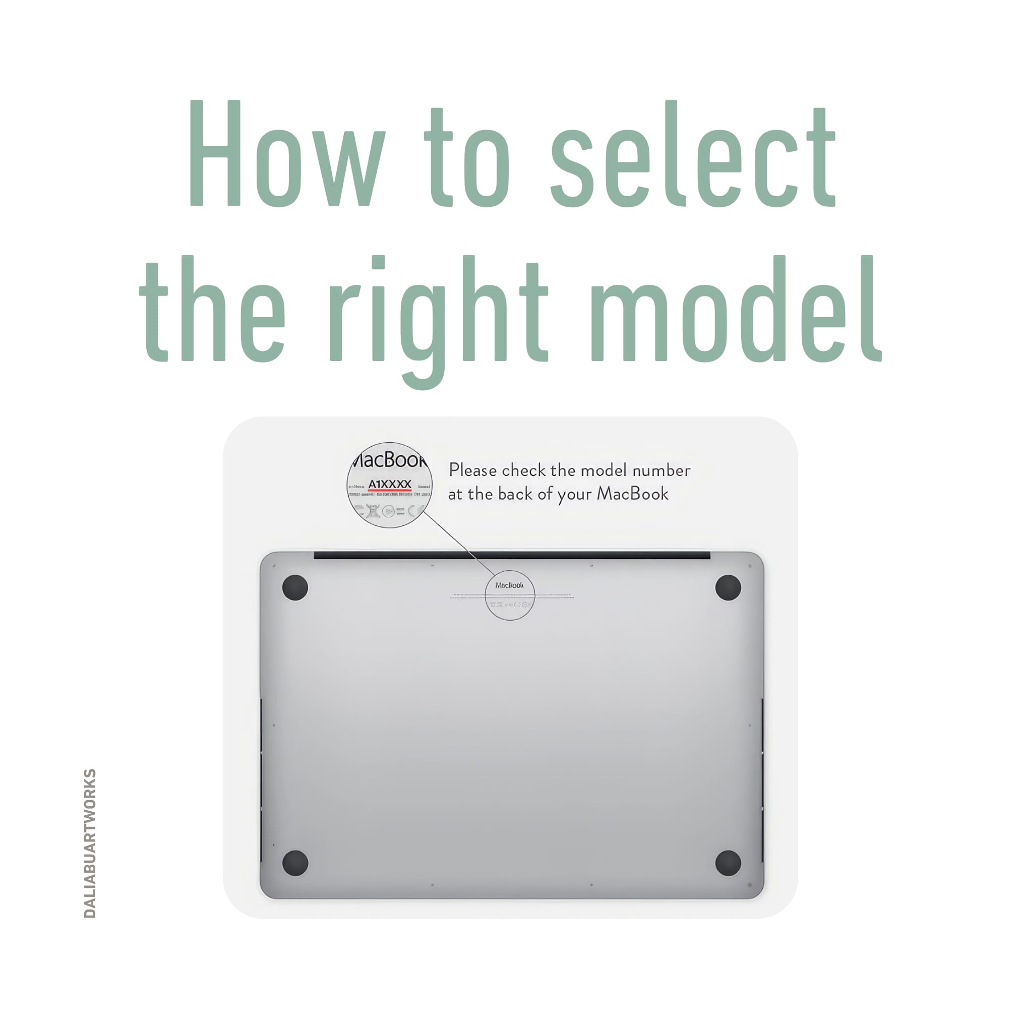 Details how to select correct laptop skin cover according to MacBook model type written on the back.
