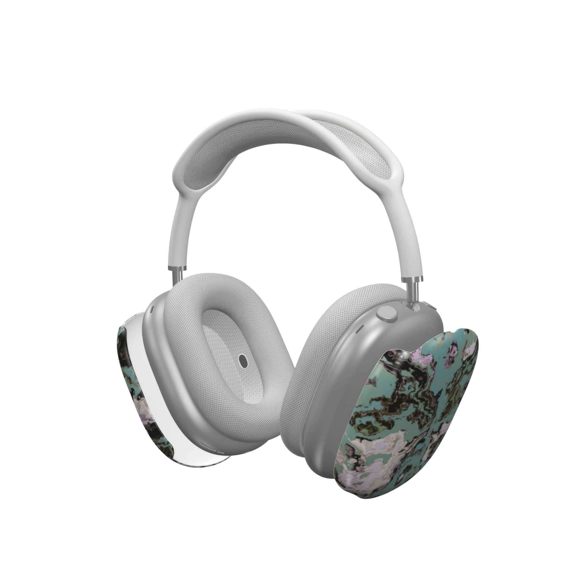 Apple AirPods Max tough case with a bold vivid pattern in marble abstract and artistic style, featuring an elegant and expressive aesthetic design. Main colors are teal blue and light lilac. Extend view.