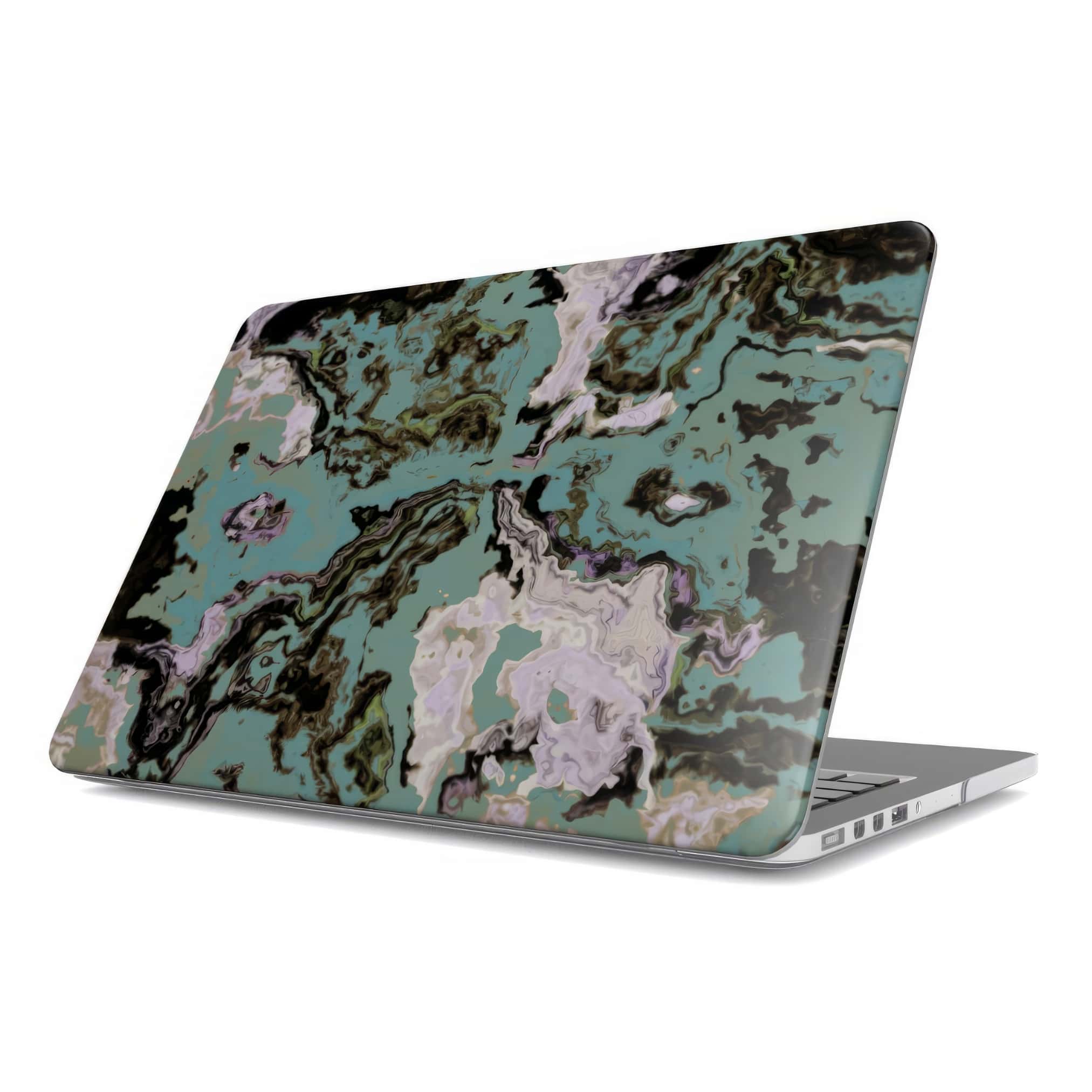 MacBook case with a bold vivid pattern in marble abstract and artistic style, featuring an elegant and expressive aesthetic design. Main colors are teal blue and light lilac. Front view.