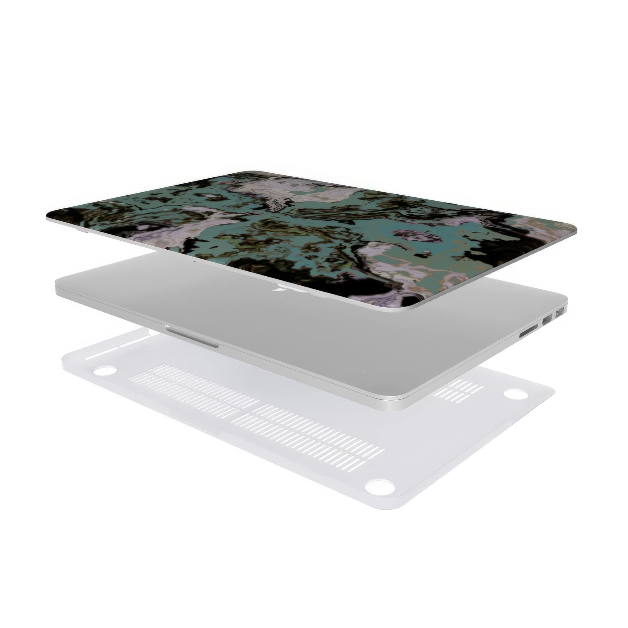 MacBook case with a bold vivid pattern in marble abstract and artistic style, featuring an elegant and expressive aesthetic design. Main colors are teal blue and light lilac. Extend view.
