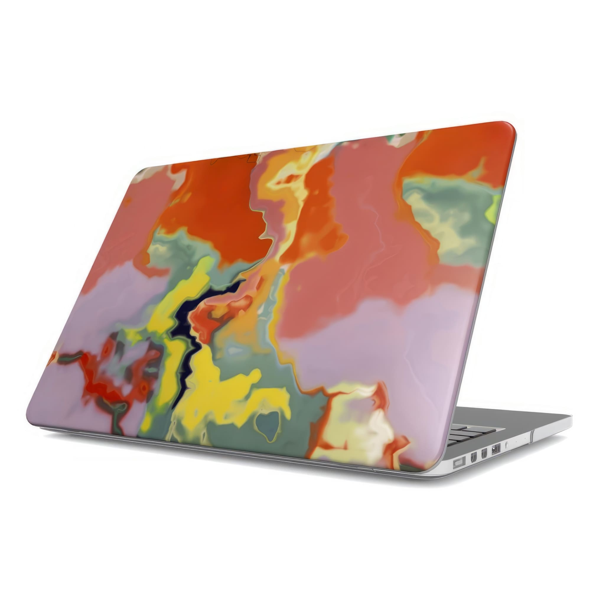 MacBook case side view; Tropical 1 pattern, artistic, abstract marble pattern. Orange and green color combination. Bold expressive aesthetic design. Colorful and interior fit.