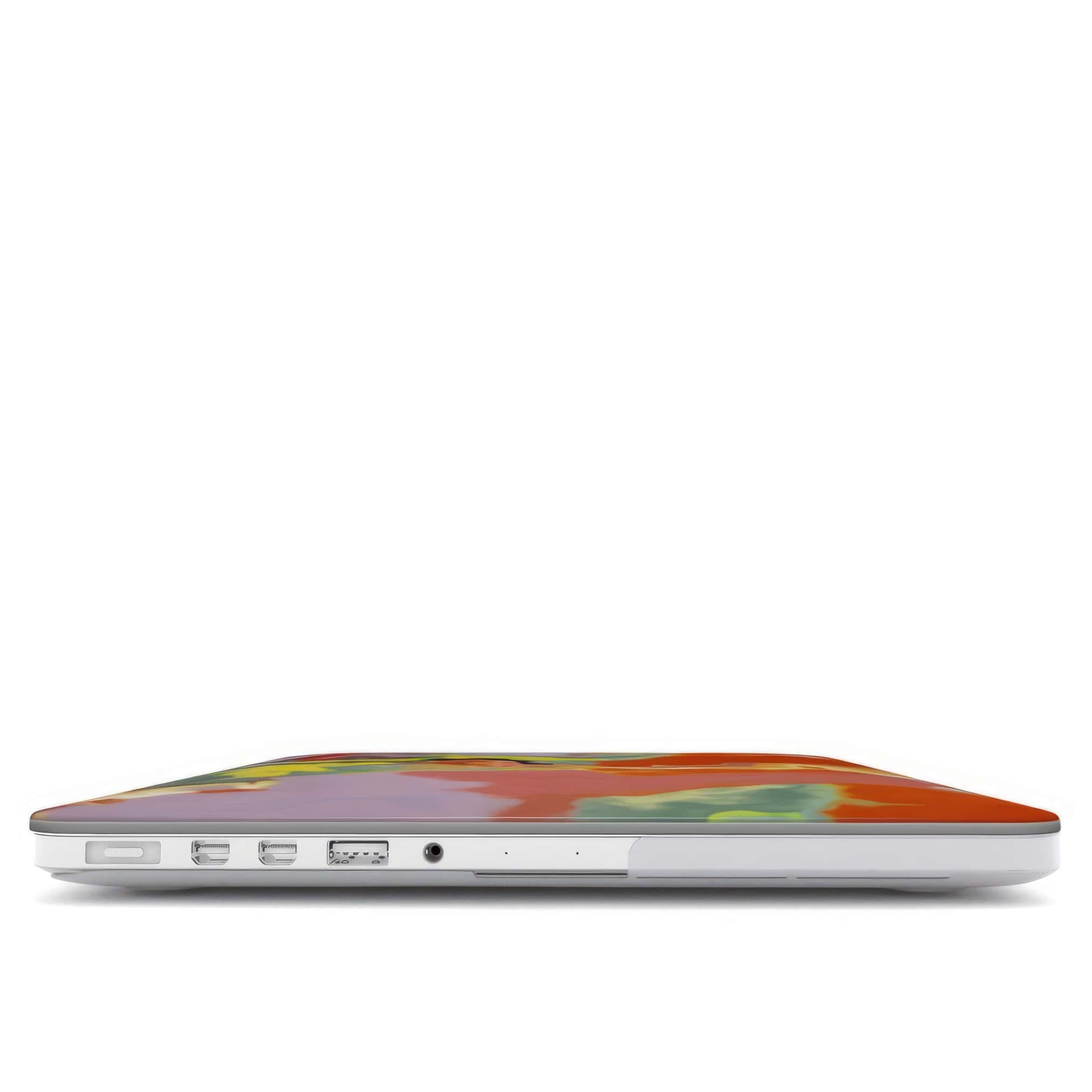 MacBook case closed view; Tropical 1 pattern, artistic, abstract marble pattern. Orange and green color combination.