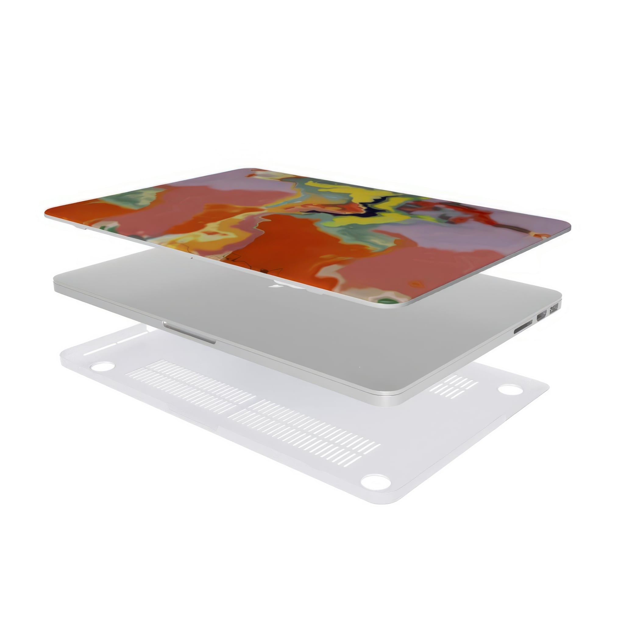 MacBook case extend view; Tropical 1 pattern, artistic, abstract marble pattern. Orange and green color combination.