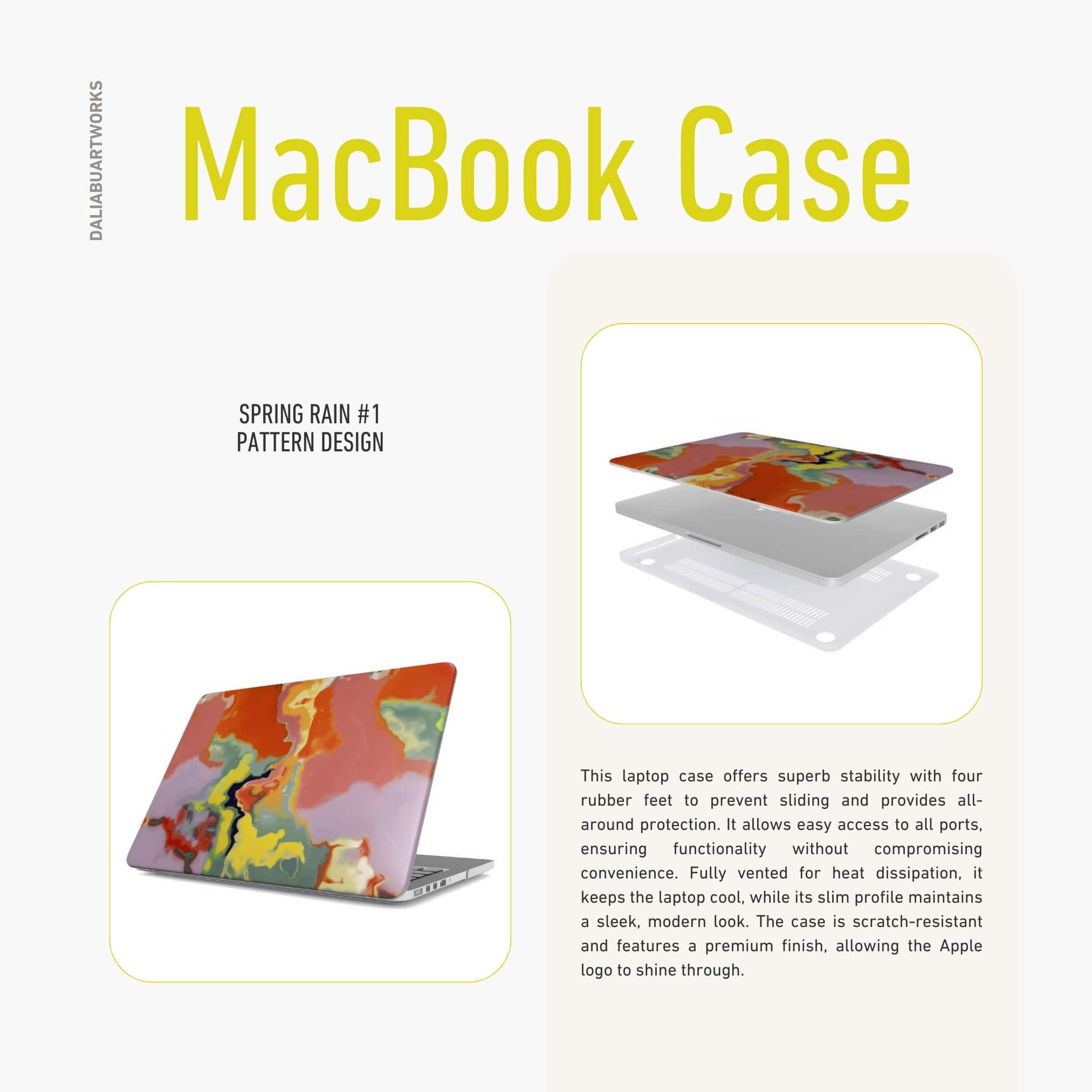 MacBook case side view; Tropical 1 pattern, artistic, abstract marble pattern. Orange and green color combination. Details about laptop cover ventilation features.
