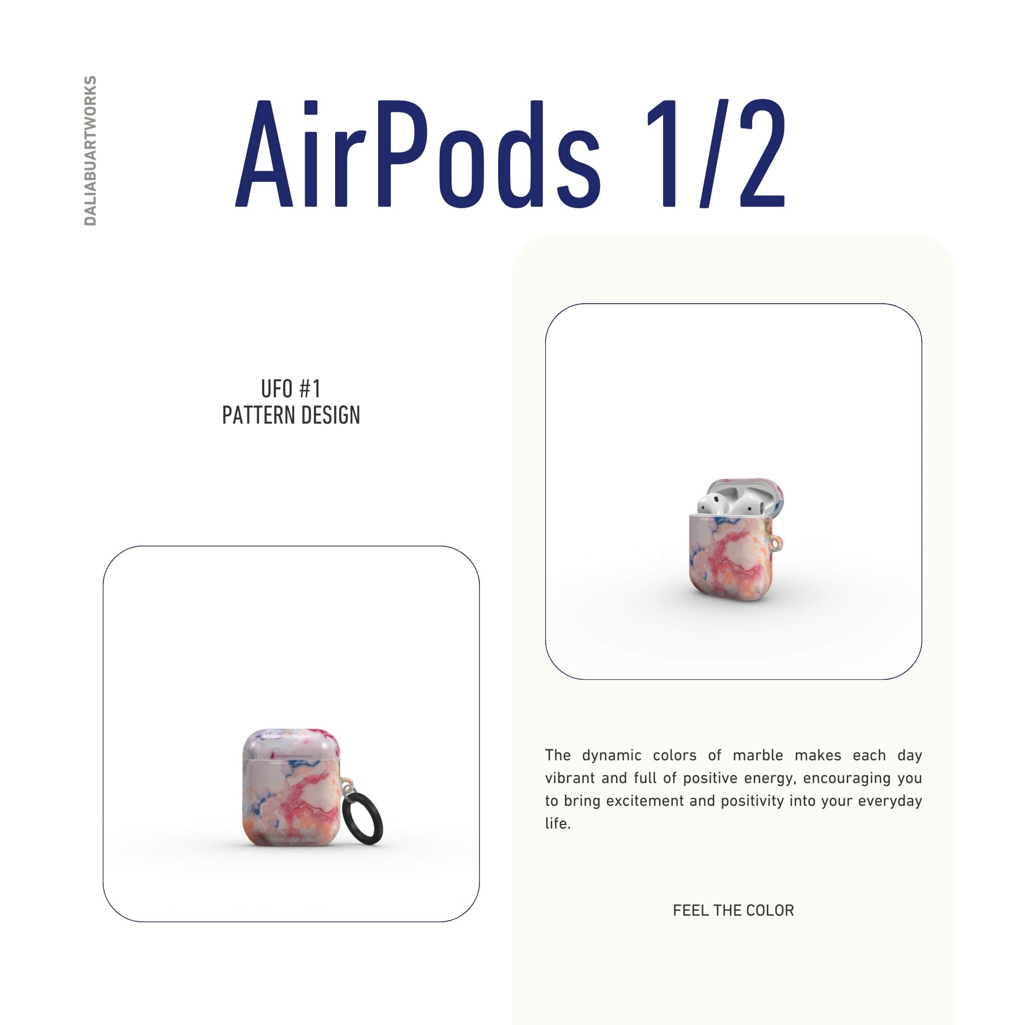 Ultra thin AirPods 1 and 2 tough case with a bold vivid pattern Ufo 1 in marble abstract and artistic style, featuring an elegant and expressive aesthetic design. Main colors are blue, orange and red. Front view.