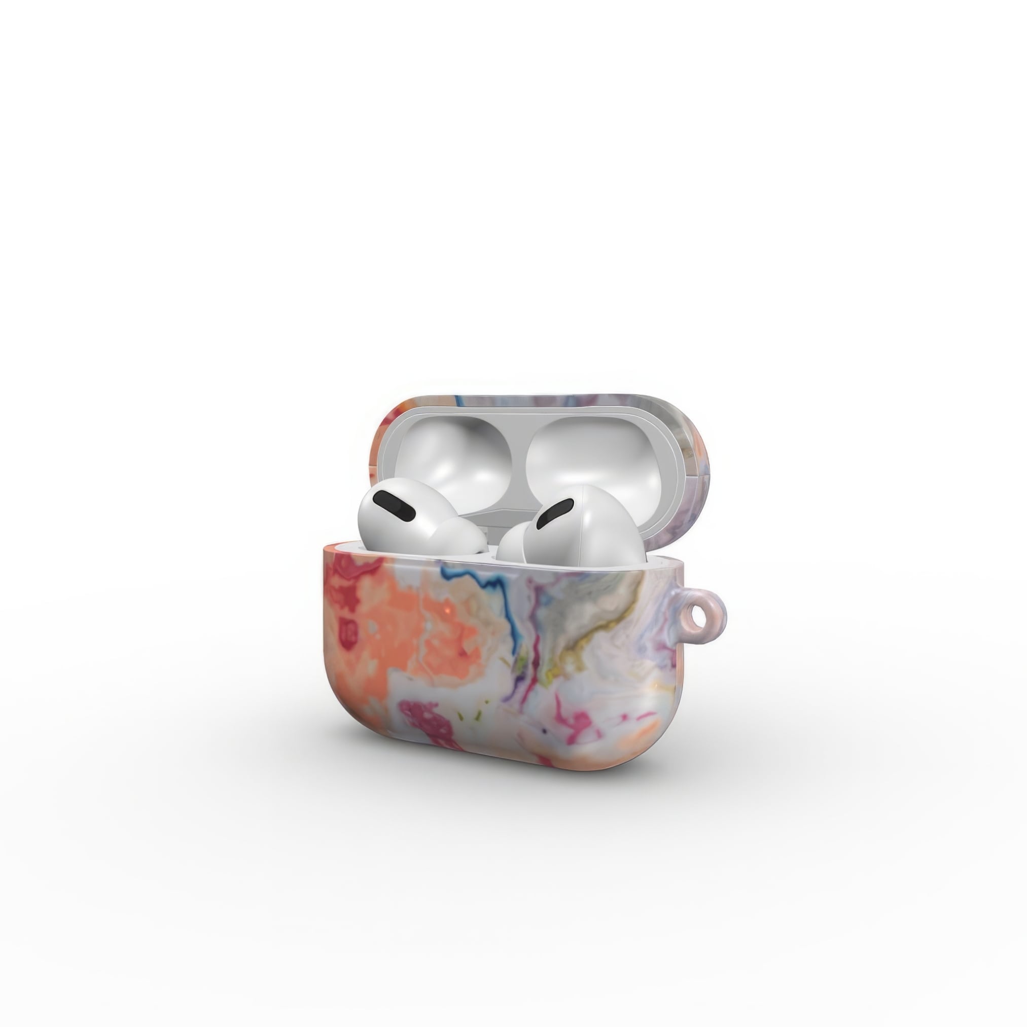 Ultra thin AirPods Pro tough case with a bold vivid pattern Ufo 1 in marble abstract and artistic style, featuring an elegant and expressive aesthetic design. Main colors are blue, orange and red. Side open view.