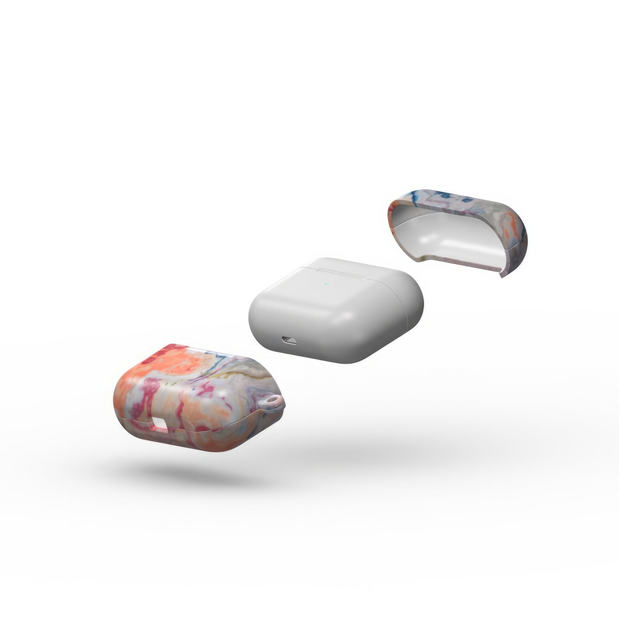 Ultra thin AirPods Pro tough case with a bold vivid pattern Ufo 1 in marble abstract and artistic style, featuring an elegant and expressive aesthetic design. Main colors are blue, orange and red. Extend view.