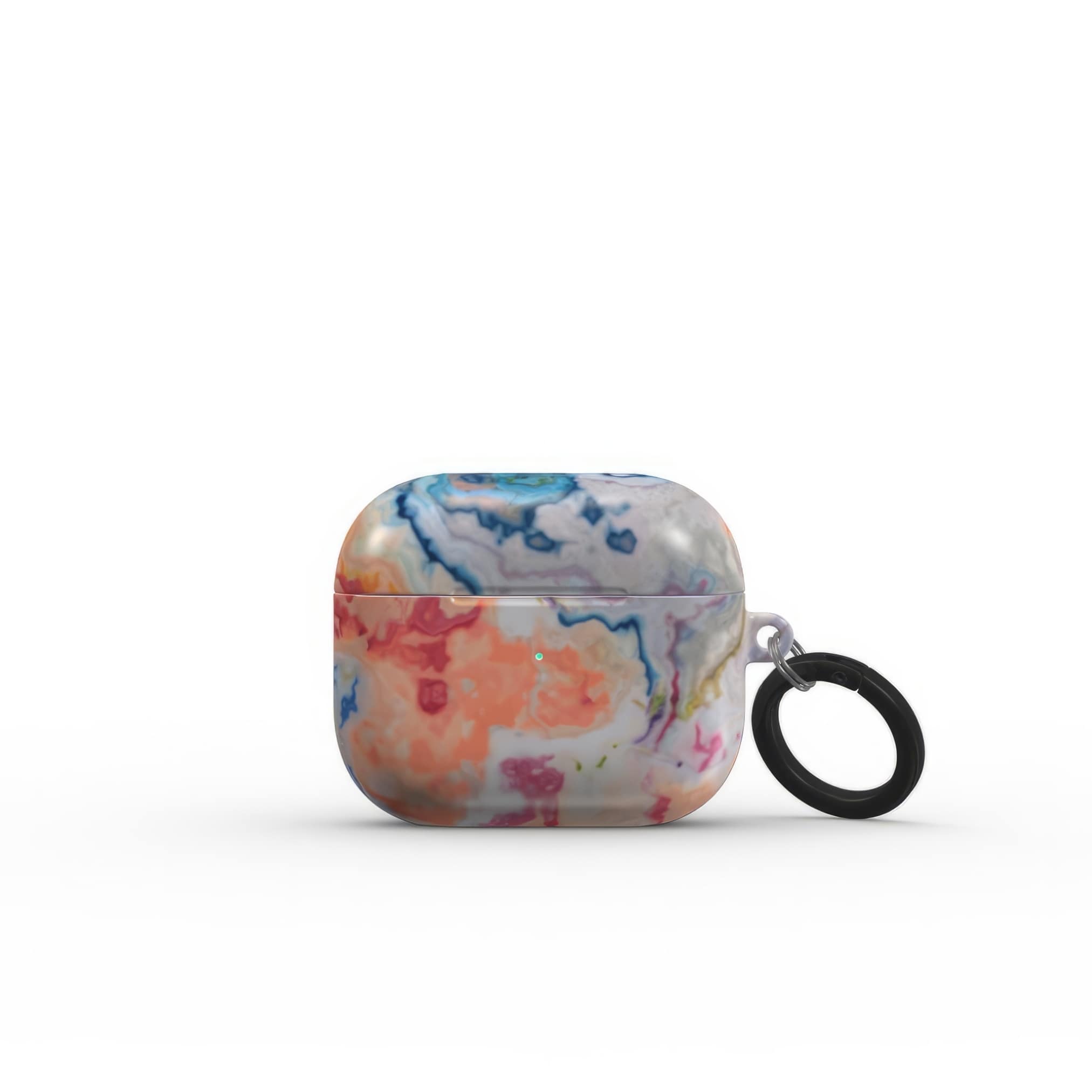 Ultra thin AirPods 3 tough case with a bold vivid pattern Ufo 1 in marble abstract and artistic style, featuring an elegant and expressive aesthetic design. Main colors are blue, orange and red. Front view.