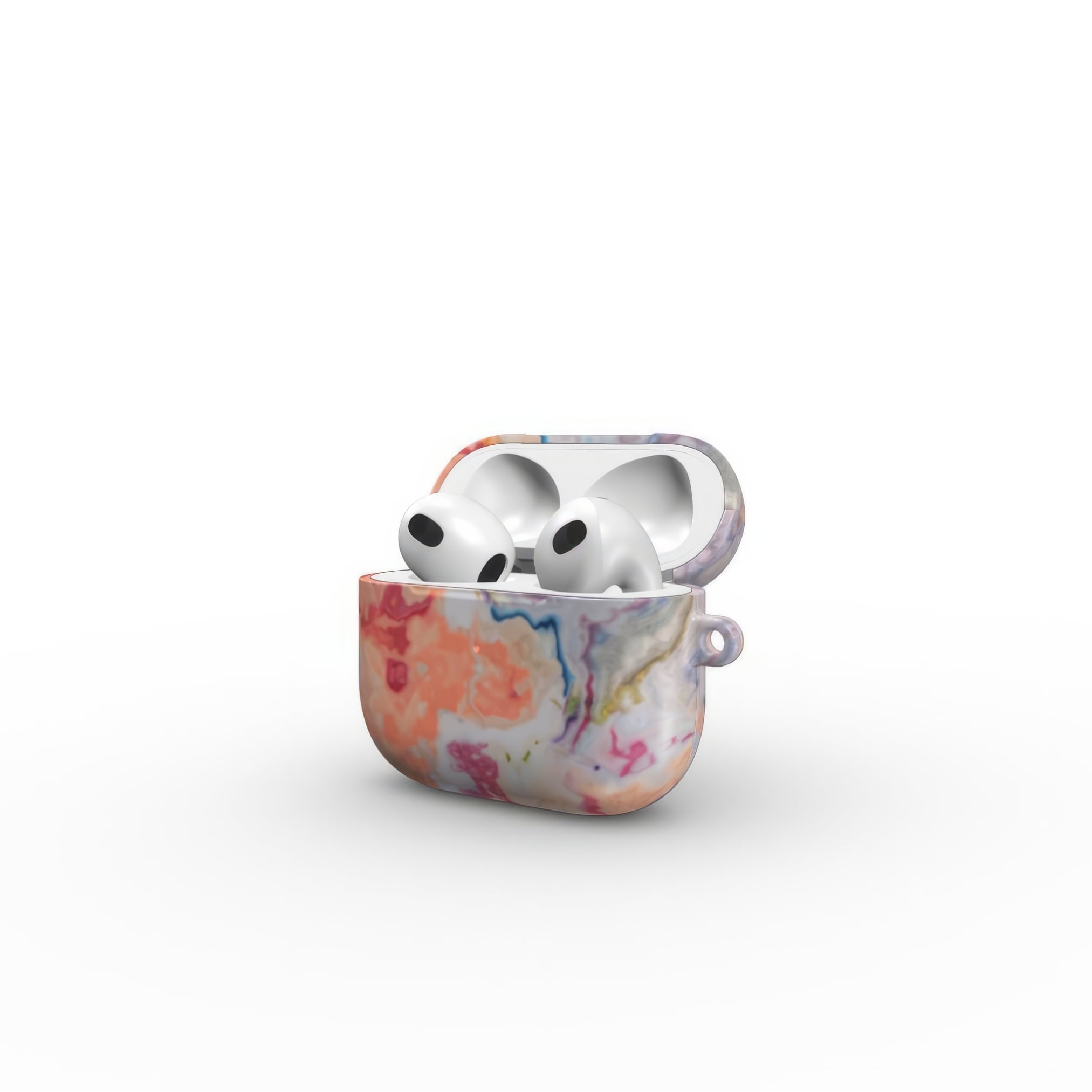 Ultra thin AirPods 3 tough case with a bold vivid pattern Ufo 1 in marble abstract and artistic style, featuring an elegant and expressive aesthetic design. Main colors are blue, orange and red. Side view.