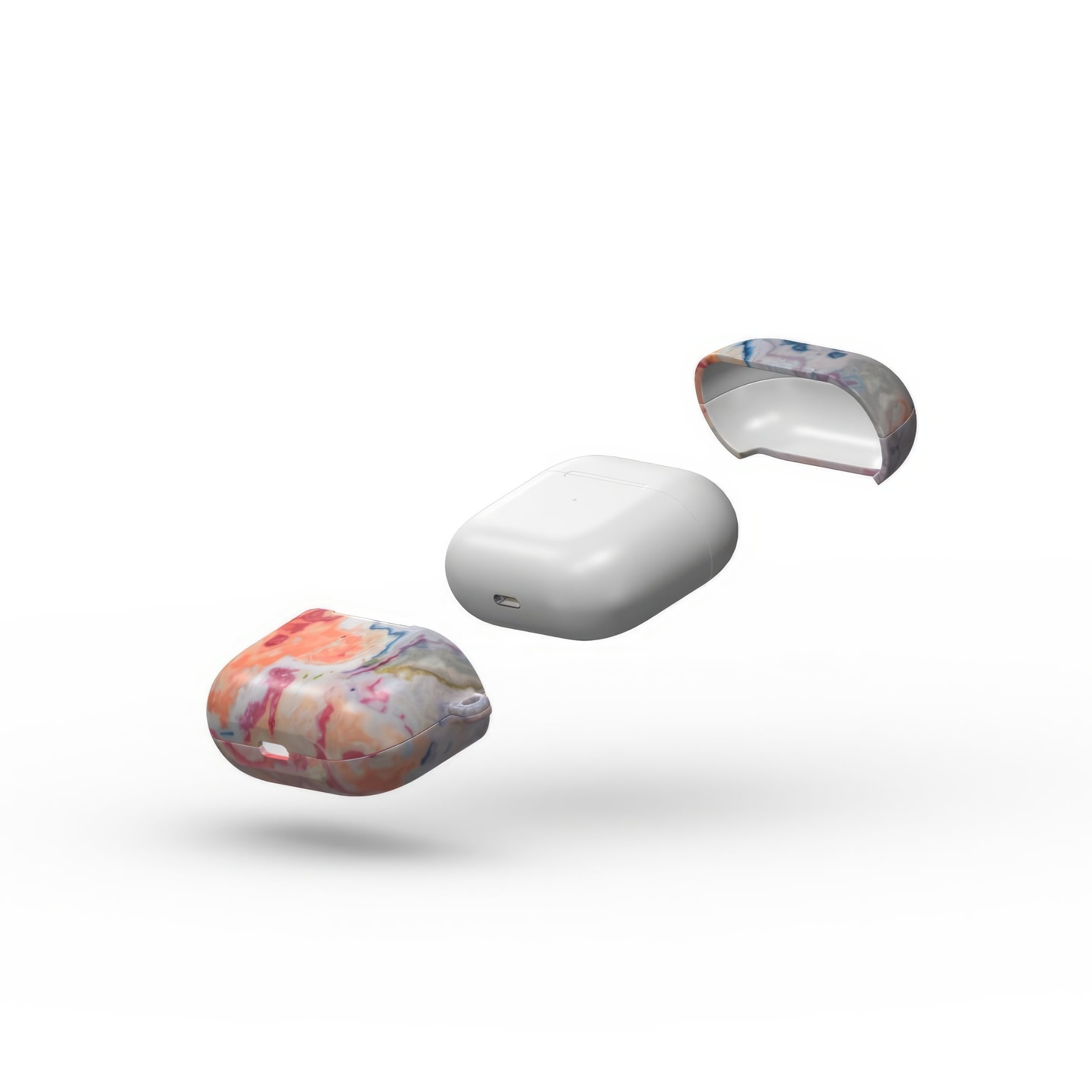 Ultra thin AirPods 3 tough case with a bold vivid pattern Ufo 1 in marble abstract and artistic style, featuring an elegant and expressive aesthetic design. Main colors are blue, orange and red. Extend view.