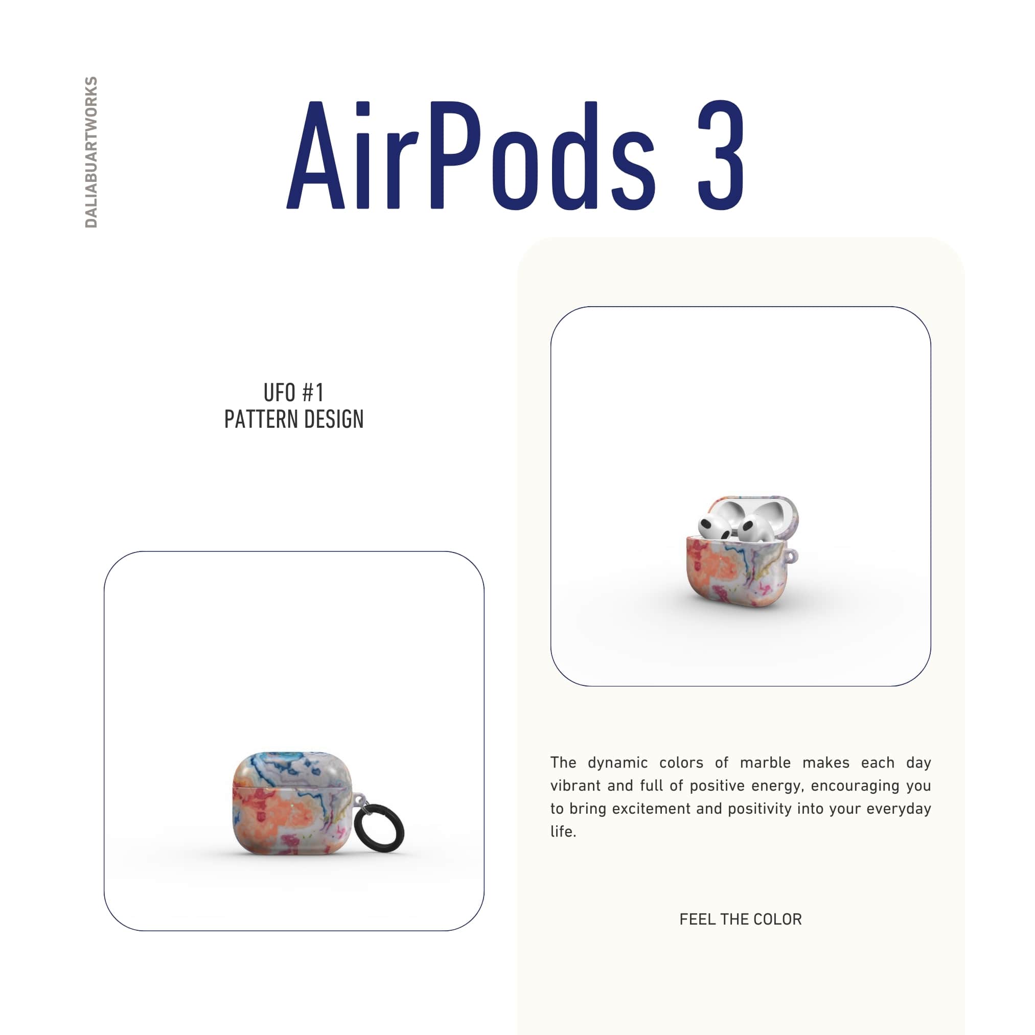 Ultra thin AirPods 3 tough case with a bold vivid pattern Ufo 1 in marble abstract and artistic style, featuring an elegant and expressive aesthetic design. Main colors are blue, orange and red. Front view.